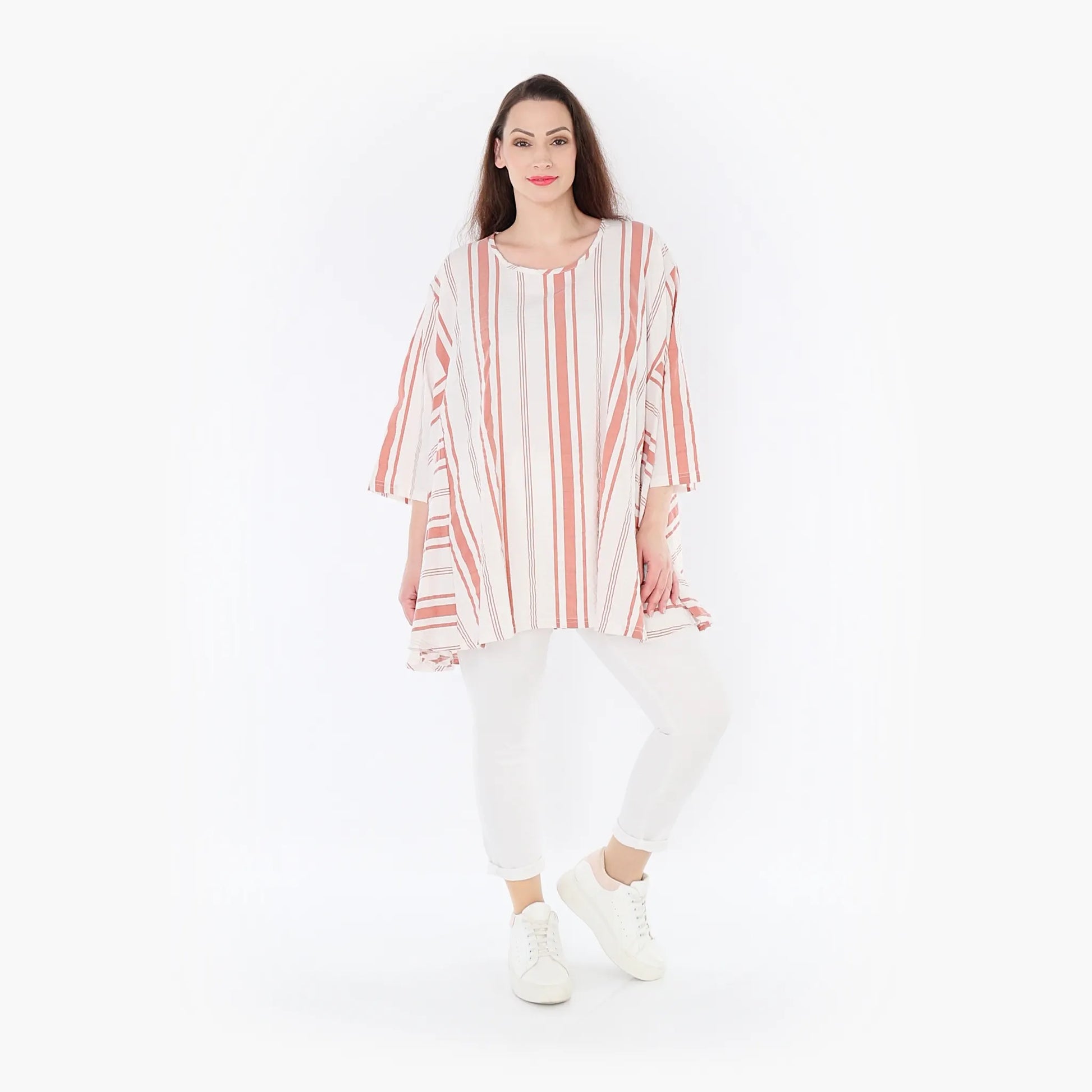 A-Form Bigshirt von AKH Fashion aus Baumwolle, 1420.00593, Weiß/Apricot, Blockstreifen