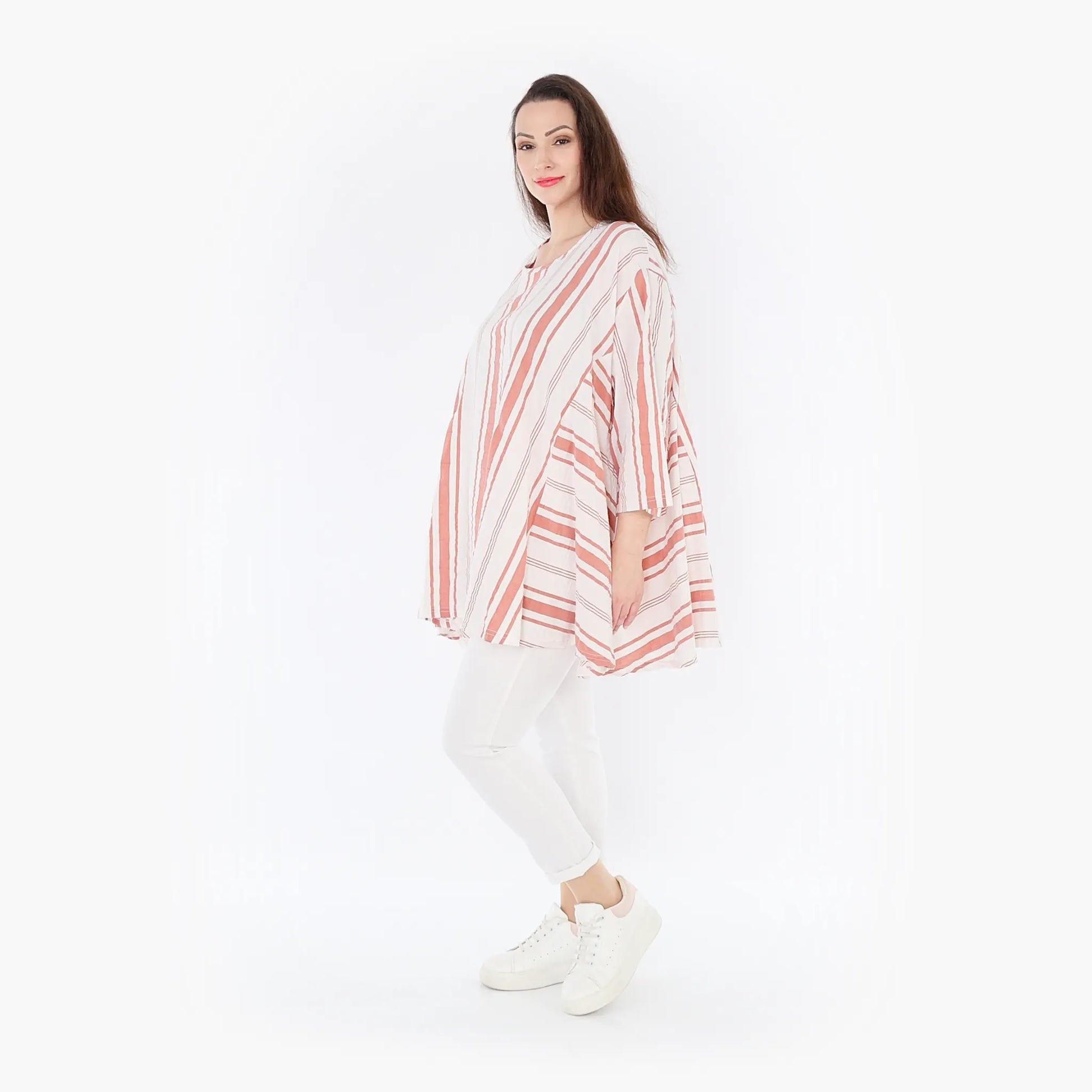A-Form Bigshirt von AKH Fashion aus Baumwolle, 1420.00593, Weiß/Apricot, Blockstreifen