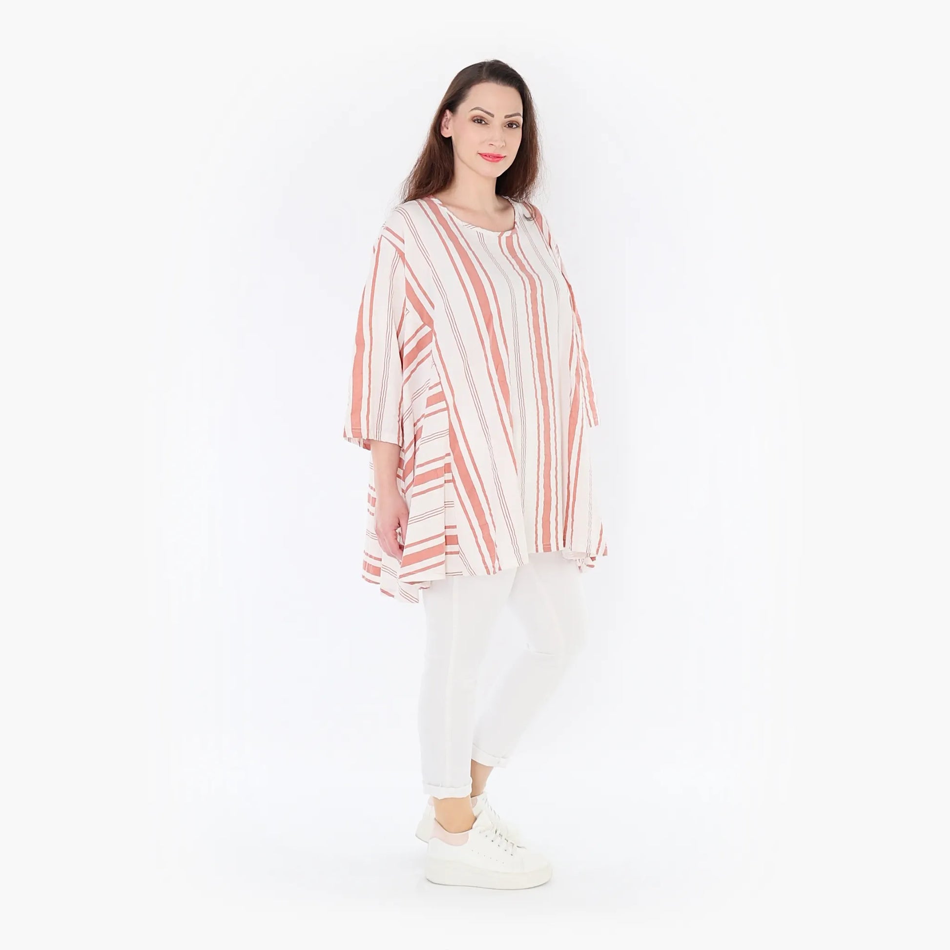 A-Form Bigshirt von AKH Fashion aus Baumwolle, 1420.00593, Weiß/Apricot, Blockstreifen