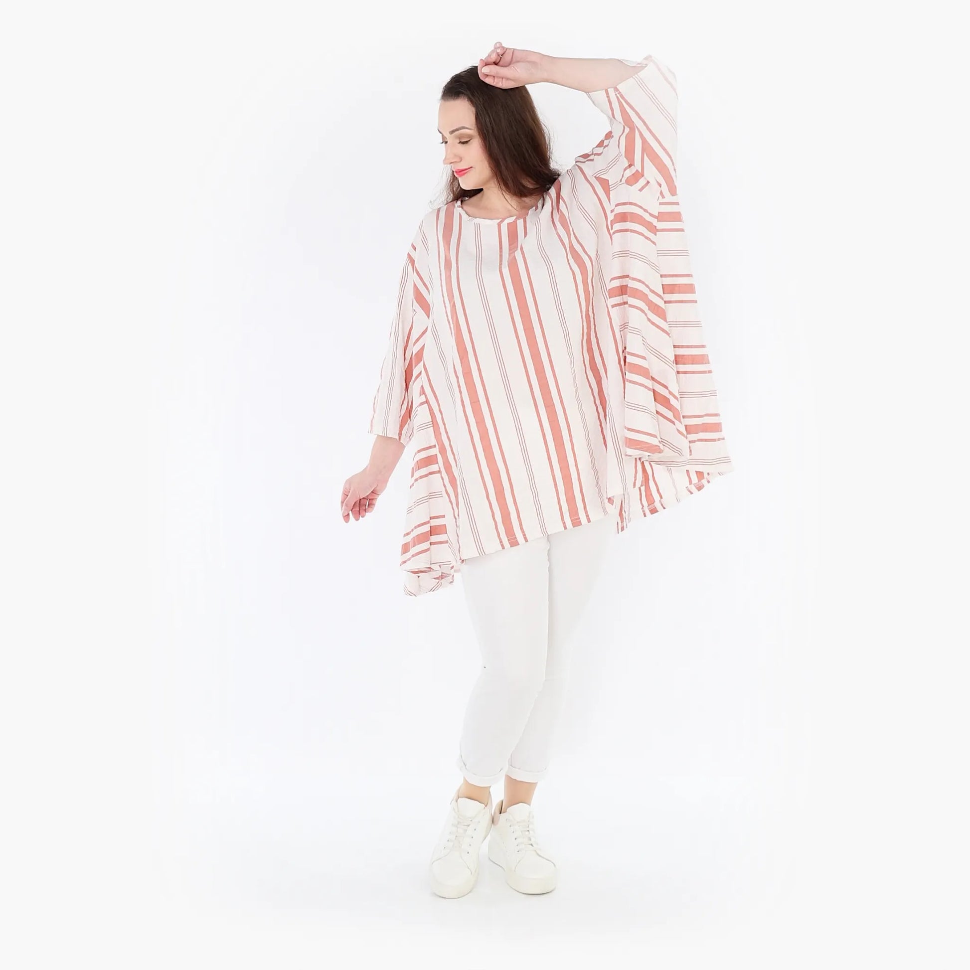 A-Form Bigshirt von AKH Fashion aus Baumwolle, 1420.00593, Weiß/Apricot, Blockstreifen