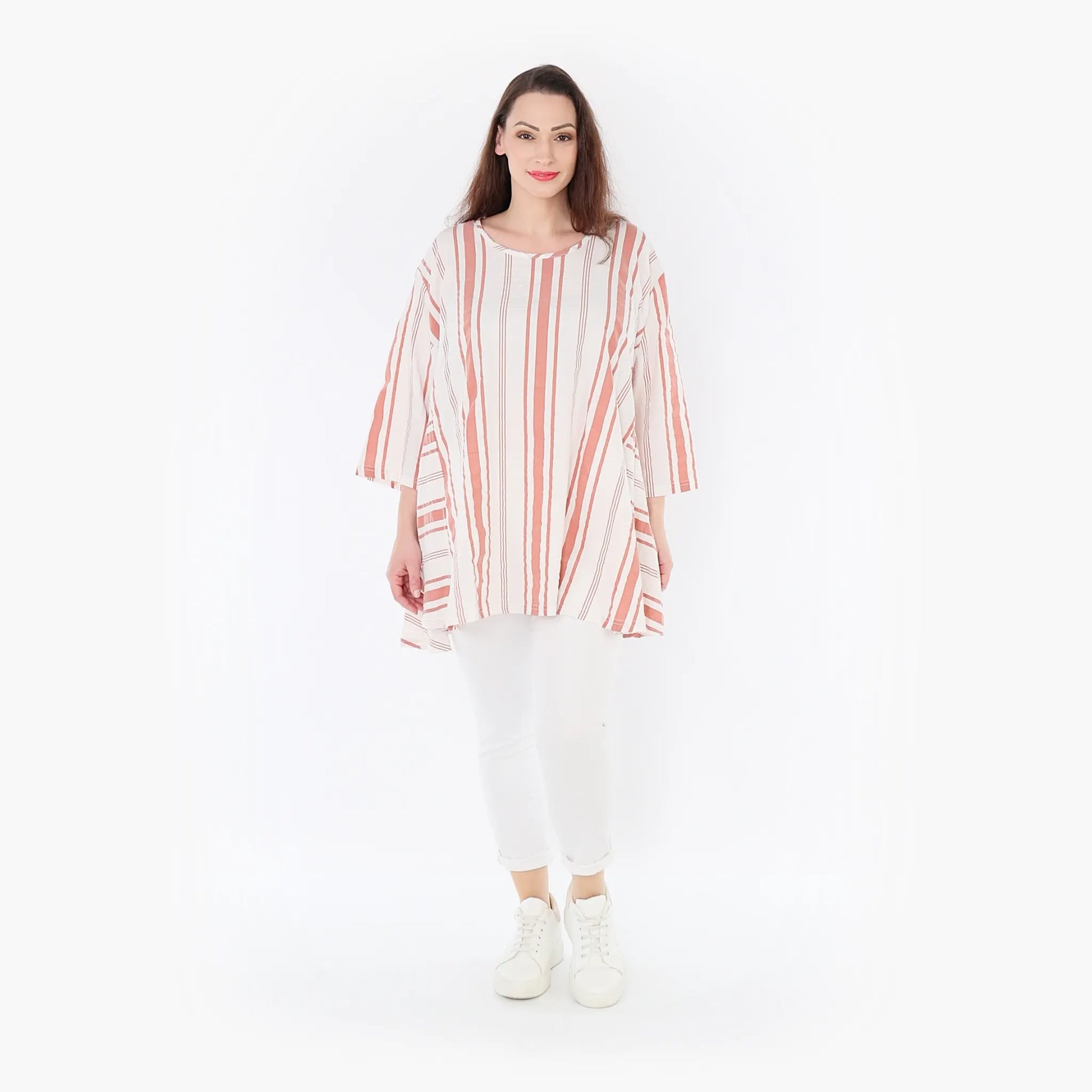 A-Form Bigshirt von AKH Fashion aus Baumwolle, 1420.00593, Weiß/Apricot, Blockstreifen
