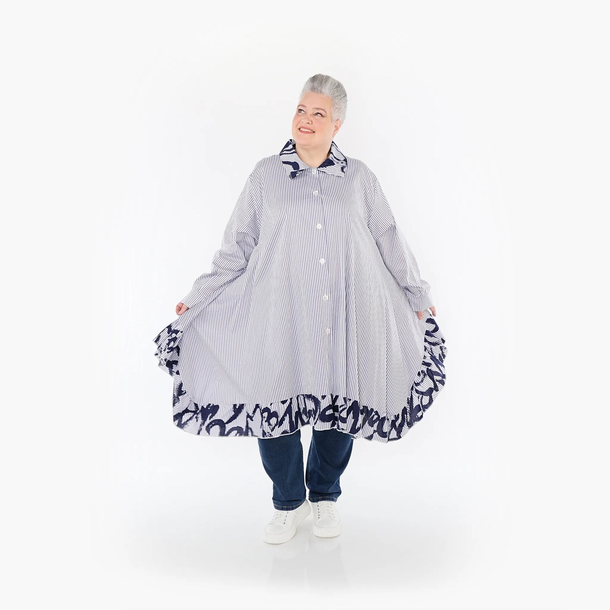 A-Form Bluse von AKH Fashion aus Baumwolle, 1435.06917, Weiß/Blau, Vichy-Streifen, Schick