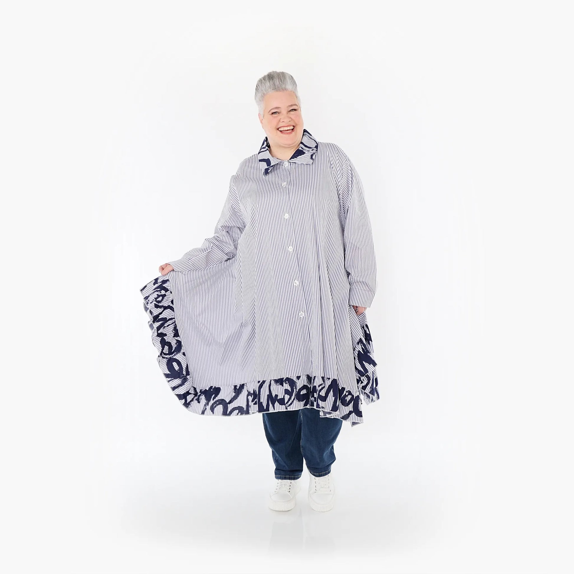 A-Form Bluse von AKH Fashion aus Baumwolle, 1435.06917, Weiß/Blau, Vichy-Streifen, Schick