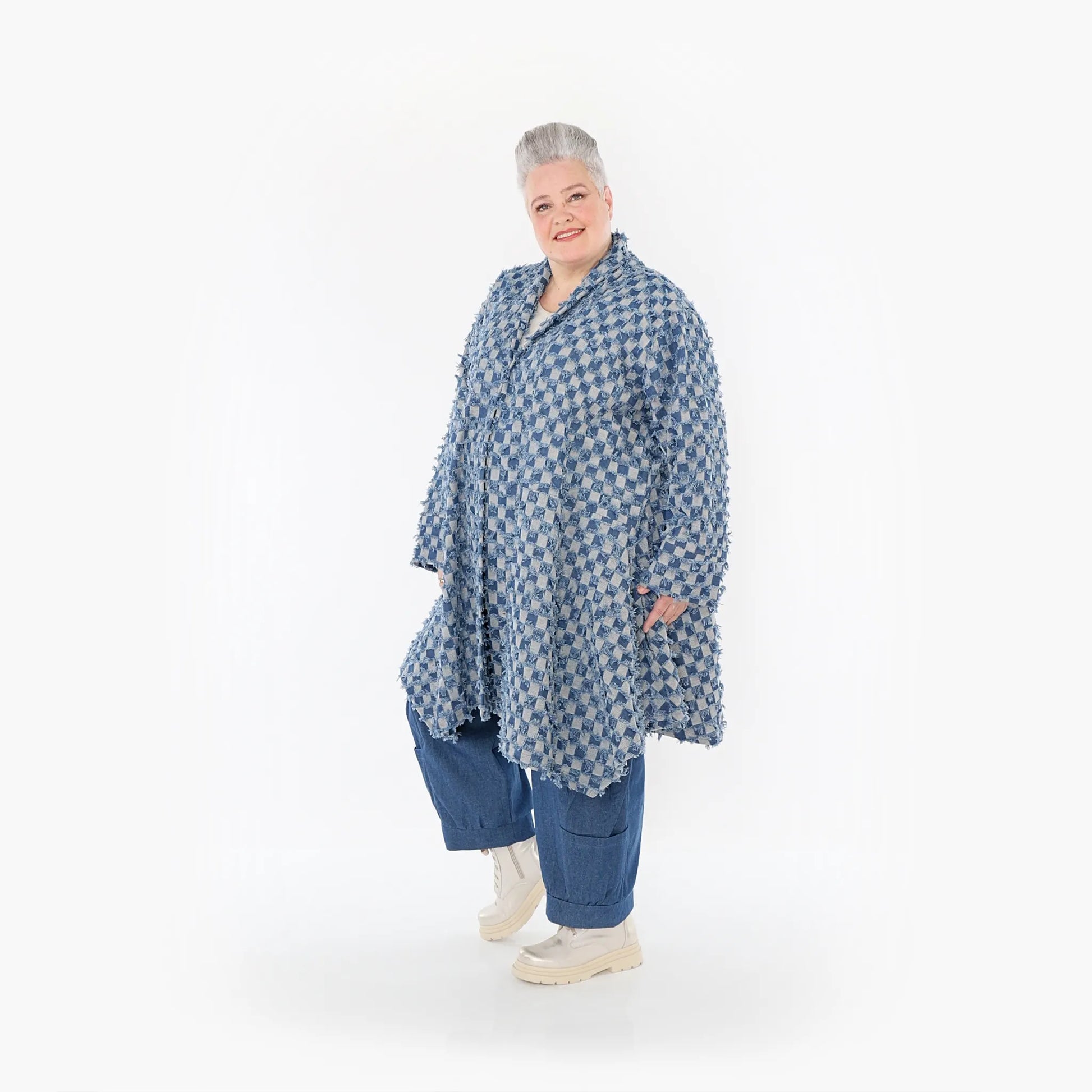 A-Form Cardigan von AKH Fashion aus Baumwolle, 1463.07040, Jeansblau/Grau, Kariert, Schick