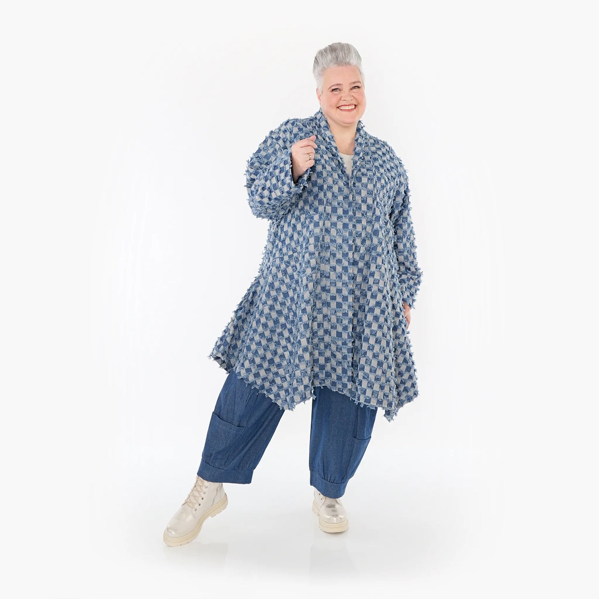 A-Form Cardigan von AKH Fashion aus Baumwolle, 1463.07040, Jeansblau/Grau, Kariert, Schick
