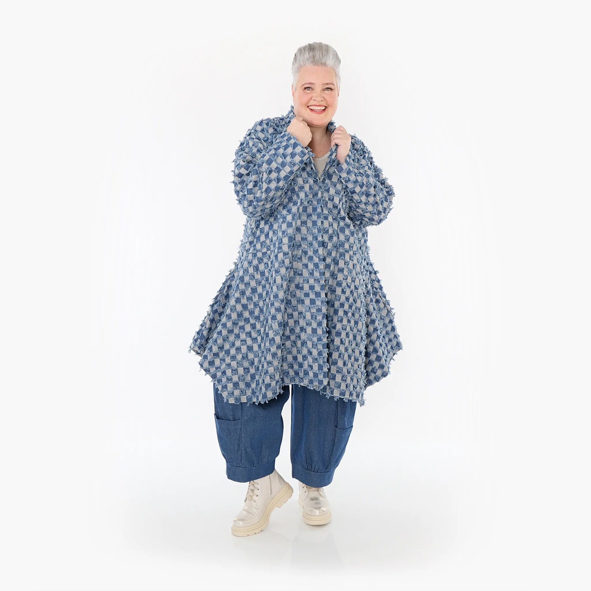 A-Form Cardigan von AKH Fashion aus Baumwolle, 1463.07040, Jeansblau/Grau, Kariert, Schick