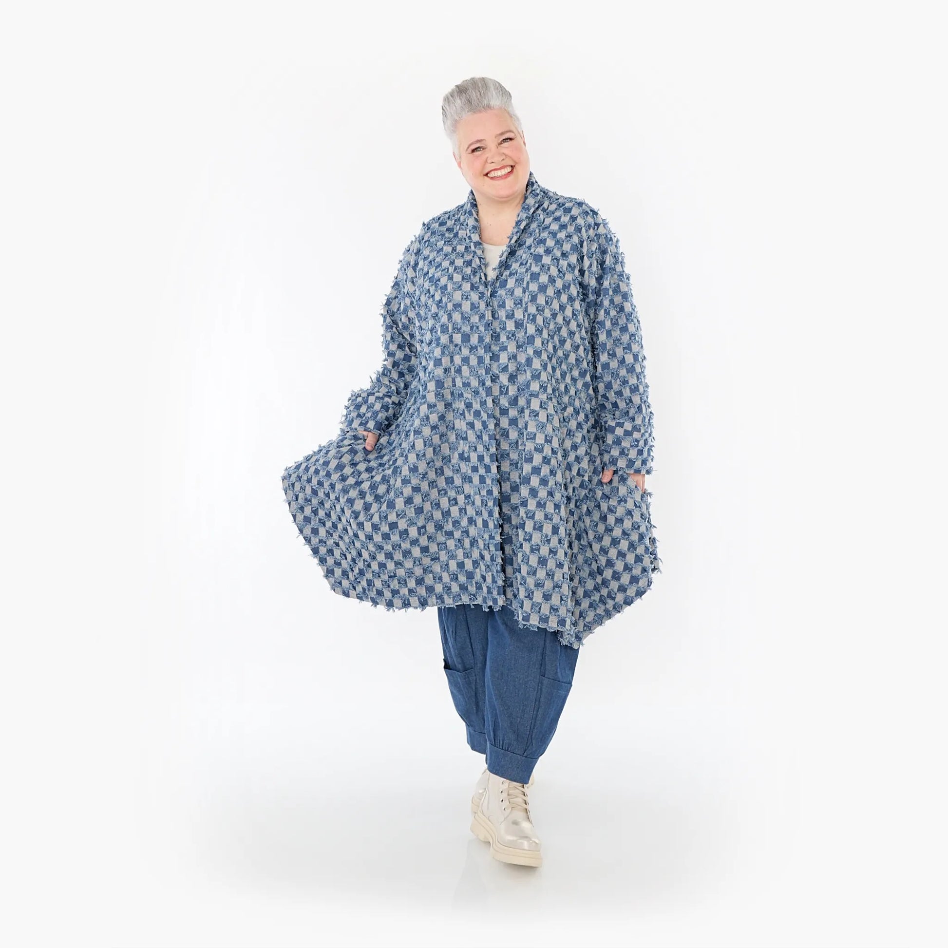 A-Form Cardigan von AKH Fashion aus Baumwolle, 1463.07040, Jeansblau/Grau, Kariert, Schick