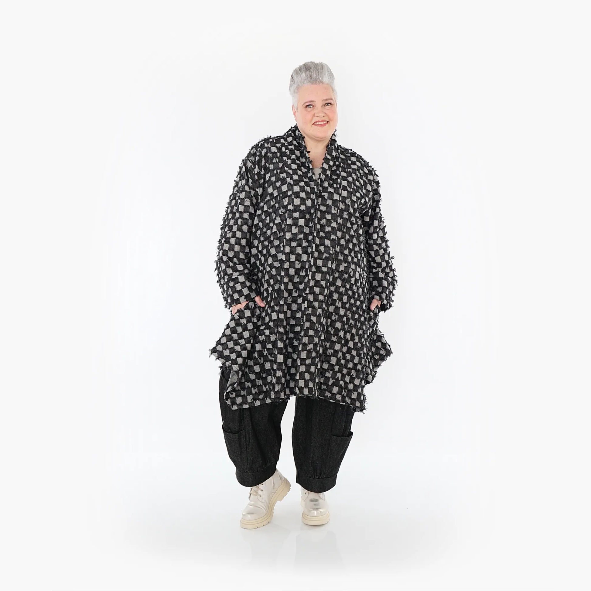 A-Form Cardigan von AKH Fashion aus Baumwolle, 1463.07040, Schwarz/Grau, Kariert, Schick