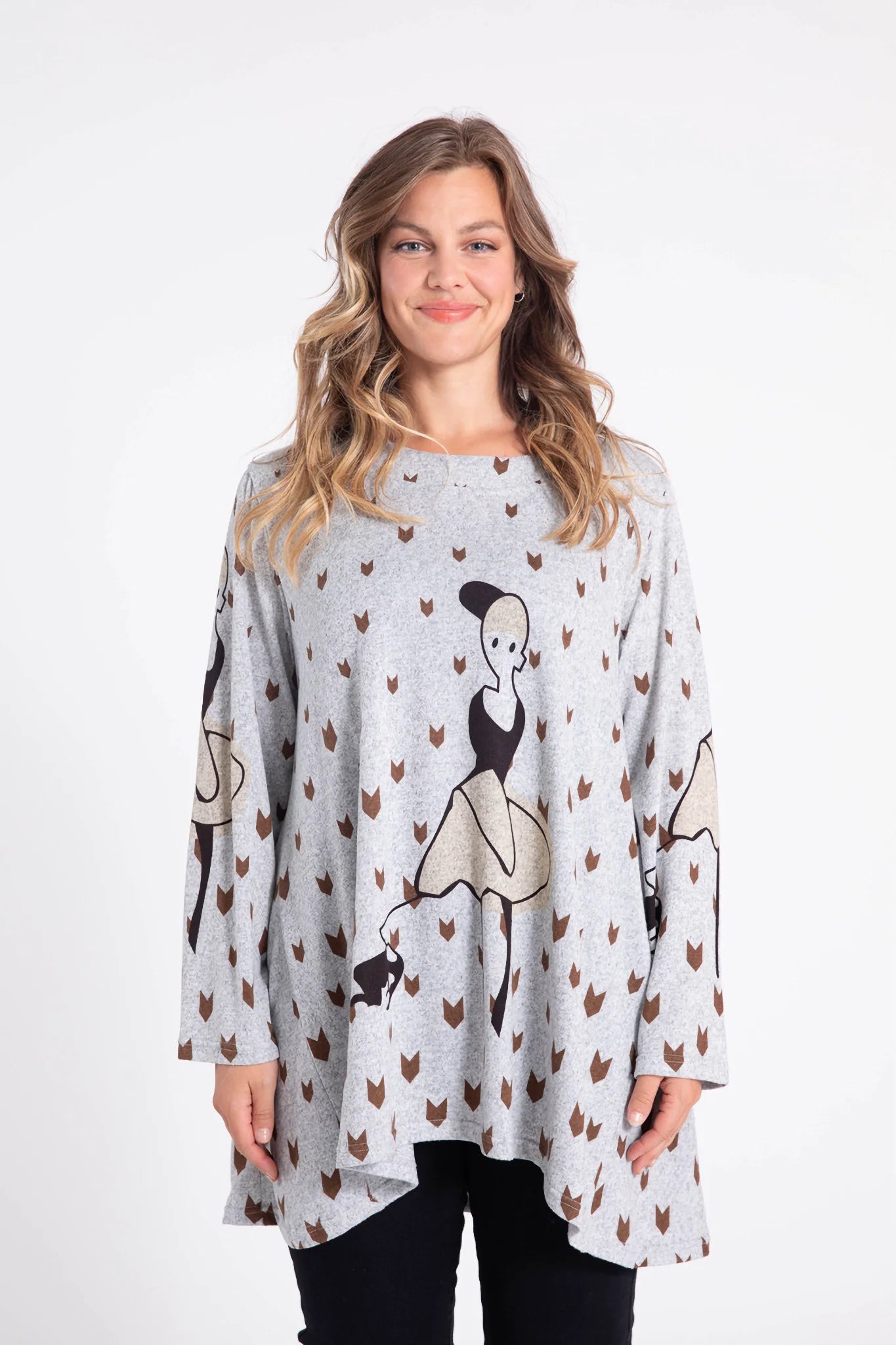 Pomme Rouge Shirt in gerader Form, aus Polyester, C6514, Grau-Beige-Braun, Muster, Schick