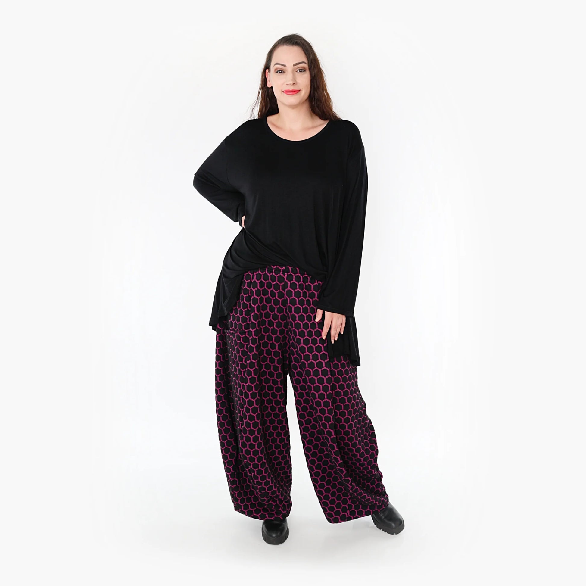 Ballonhose von AKH Fashion aus Materialmix, 1365.08069, Schwarz-Fuchsia, Raute, Schick