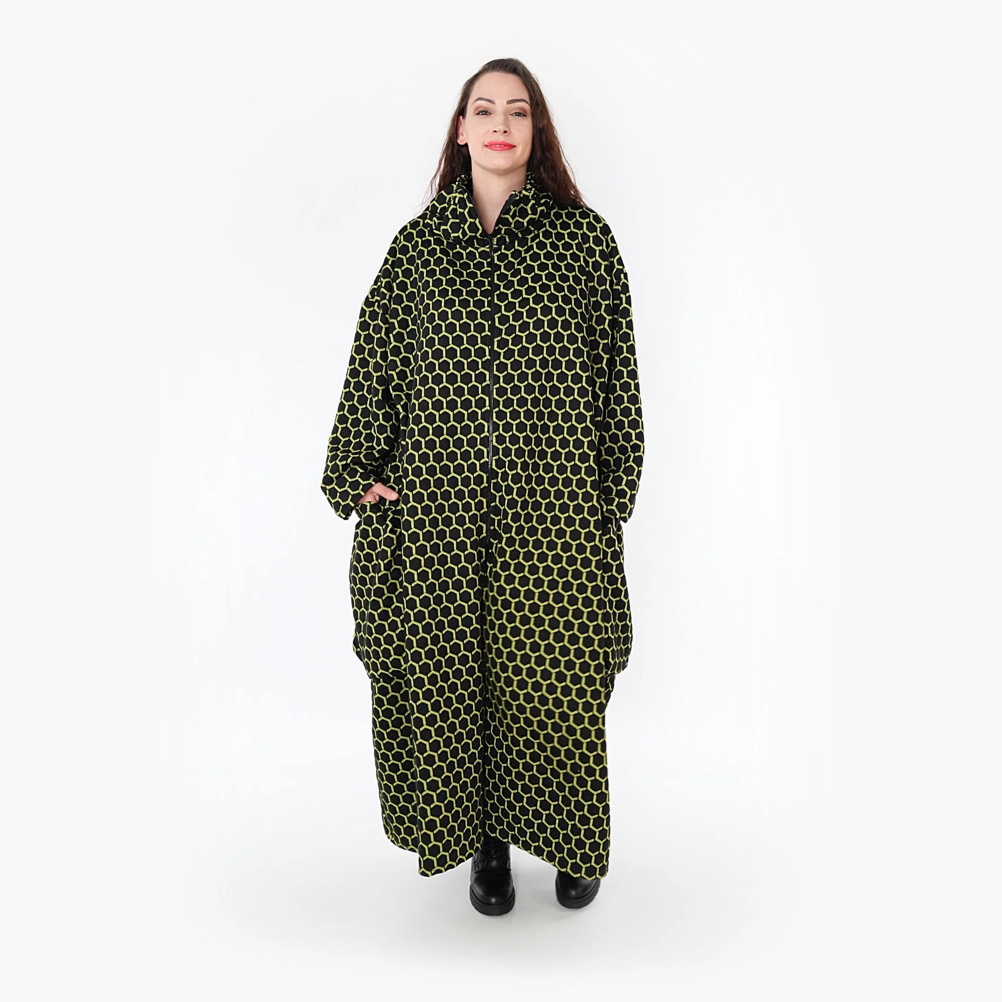 Ballonmantel von AKH Fashion aus Materialmix, 1365.06985, Schwarz-Lime, Raute, Schick