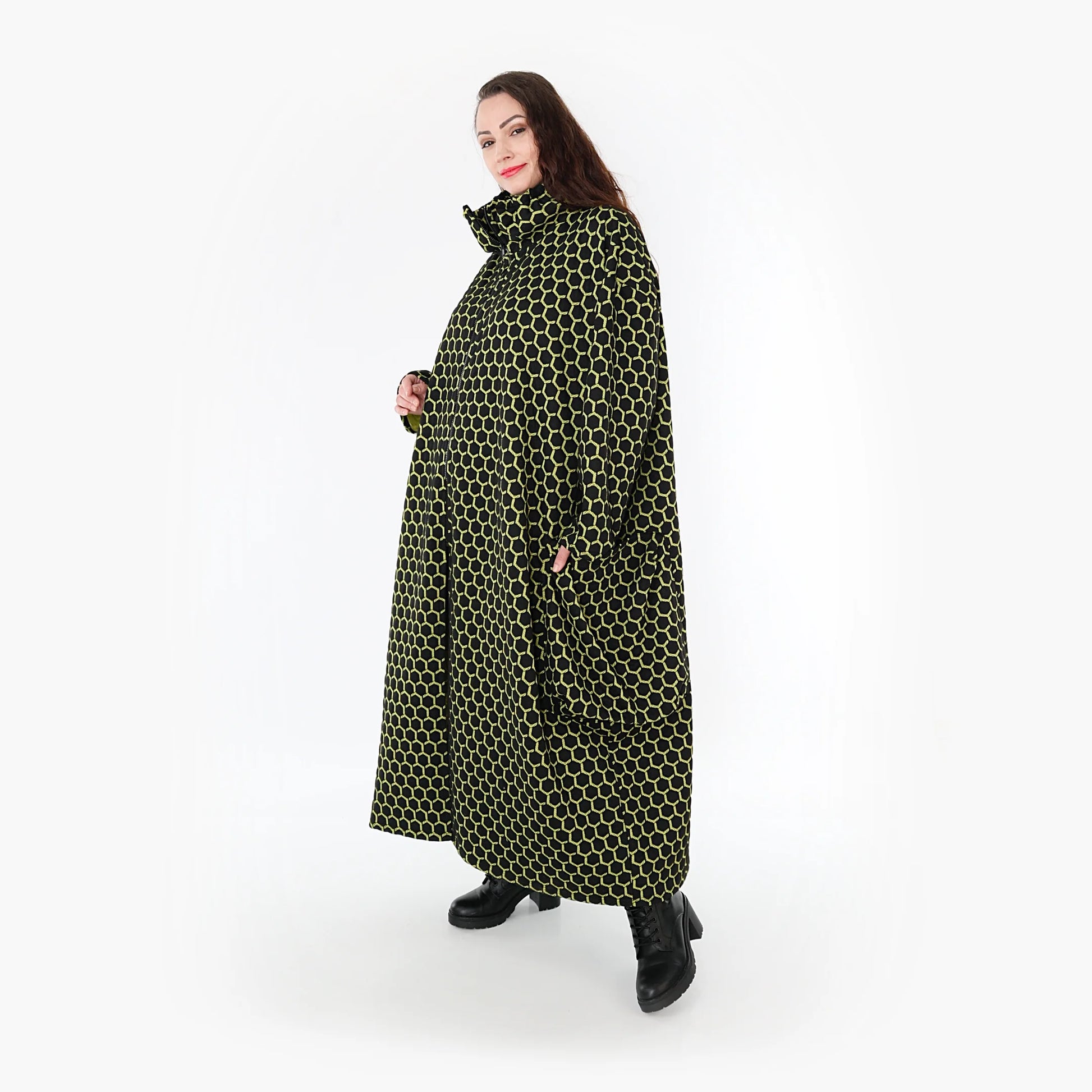 Ballonmantel von AKH Fashion aus Materialmix, 1365.06985, Schwarz-Lime, Raute, Schick