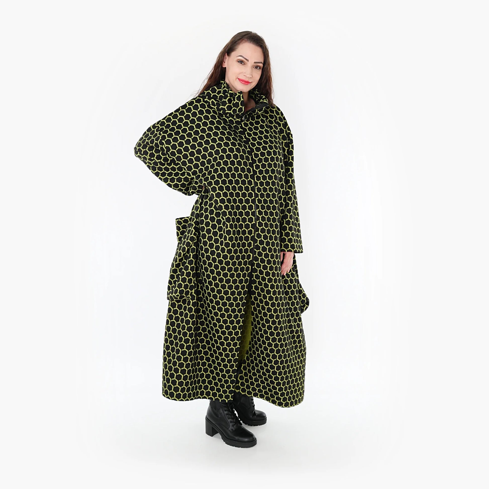 Ballonmantel von AKH Fashion aus Materialmix, 1365.06985, Schwarz-Lime, Raute, Schick
