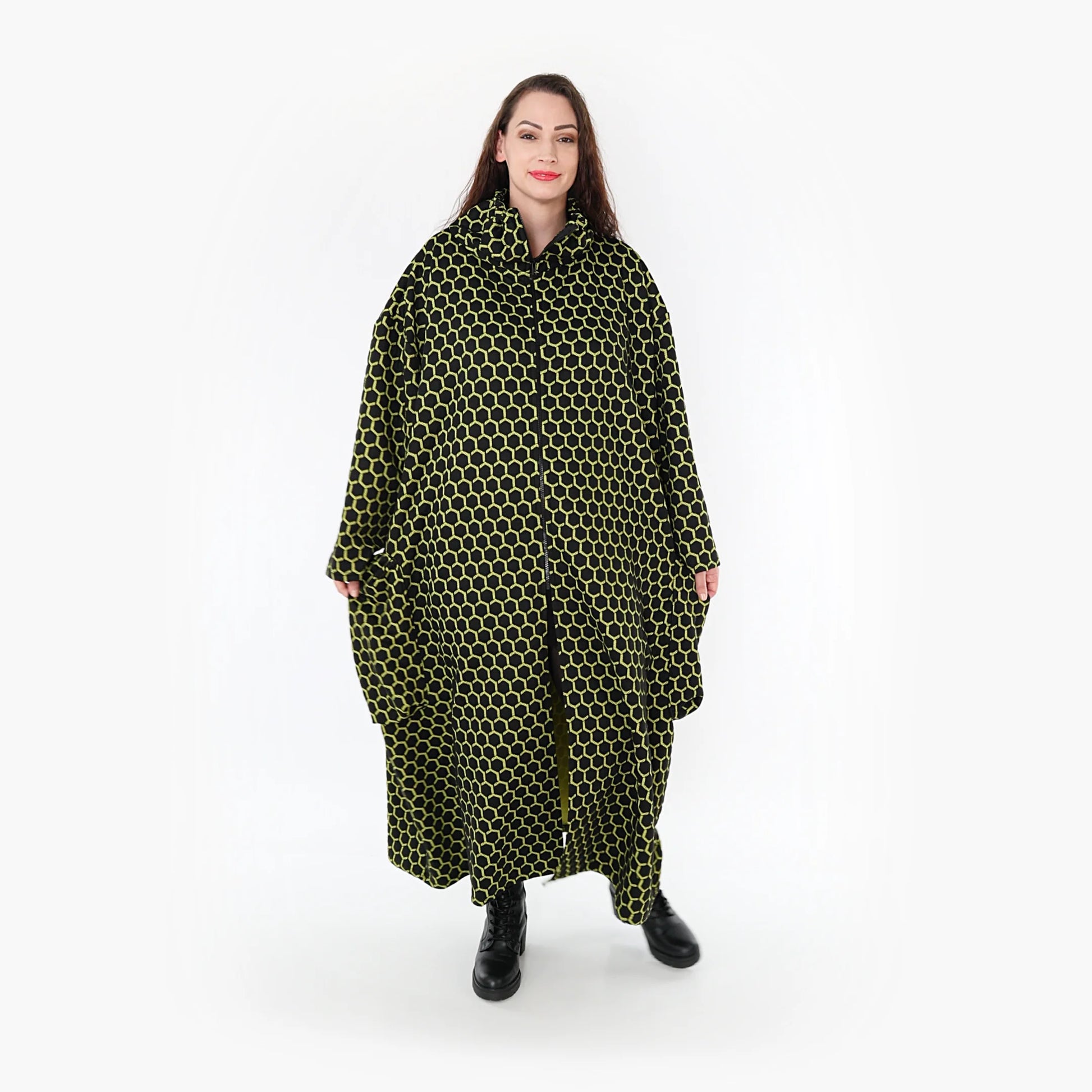 Ballonmantel von AKH Fashion aus Materialmix, 1365.06985, Schwarz-Lime, Raute, Schick