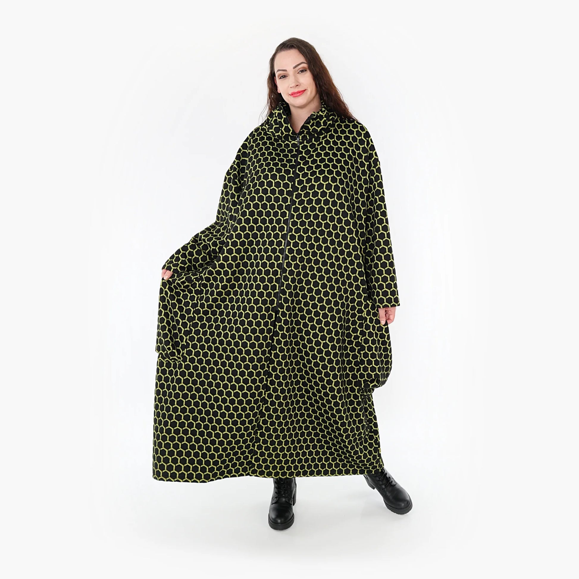 Ballonmantel von AKH Fashion aus Materialmix, 1365.06985, Schwarz-Lime, Raute, Schick