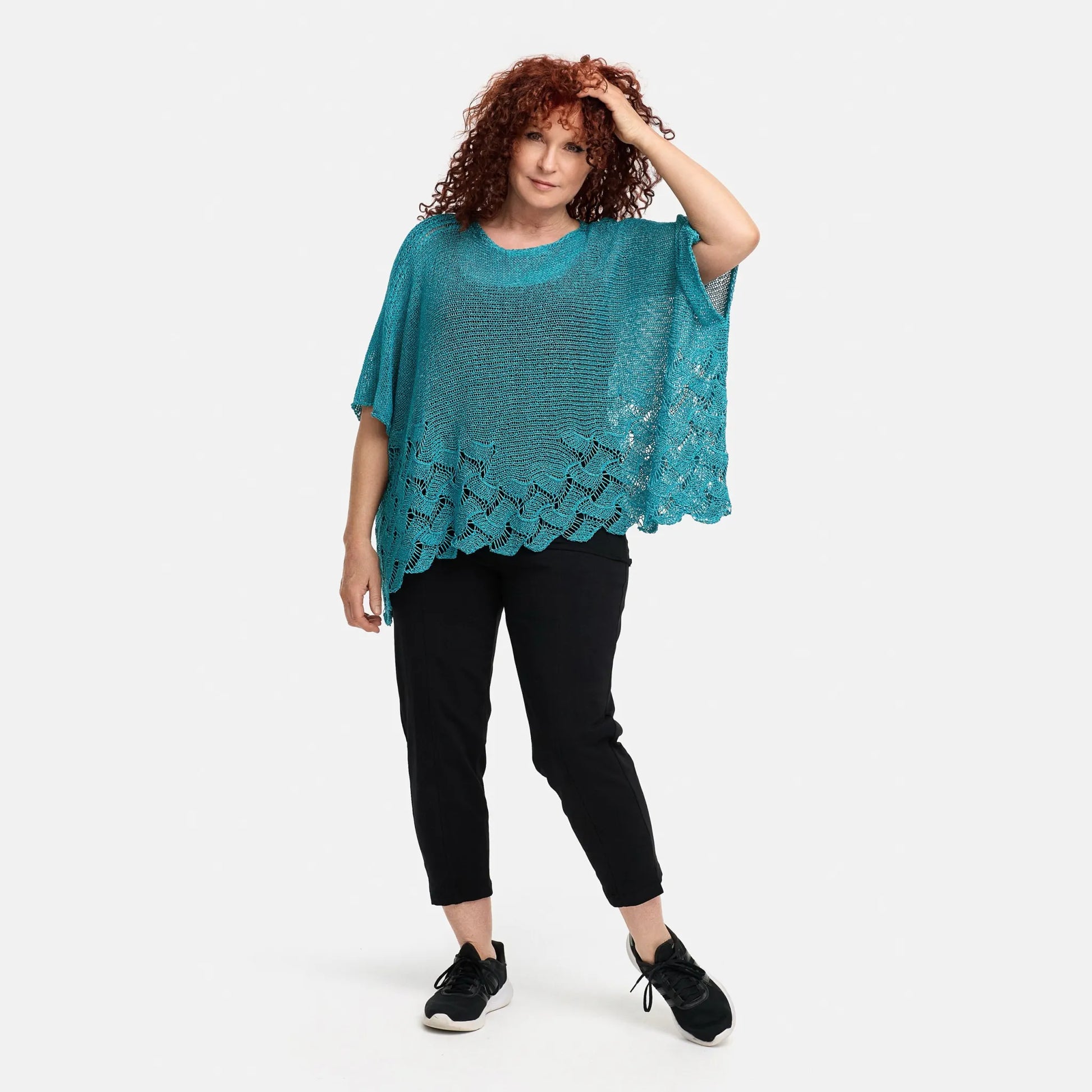 Amandine Pullover in kastiger Form, aus Baumwolle, A2806, Türkis, Schick, Modern, Bequem