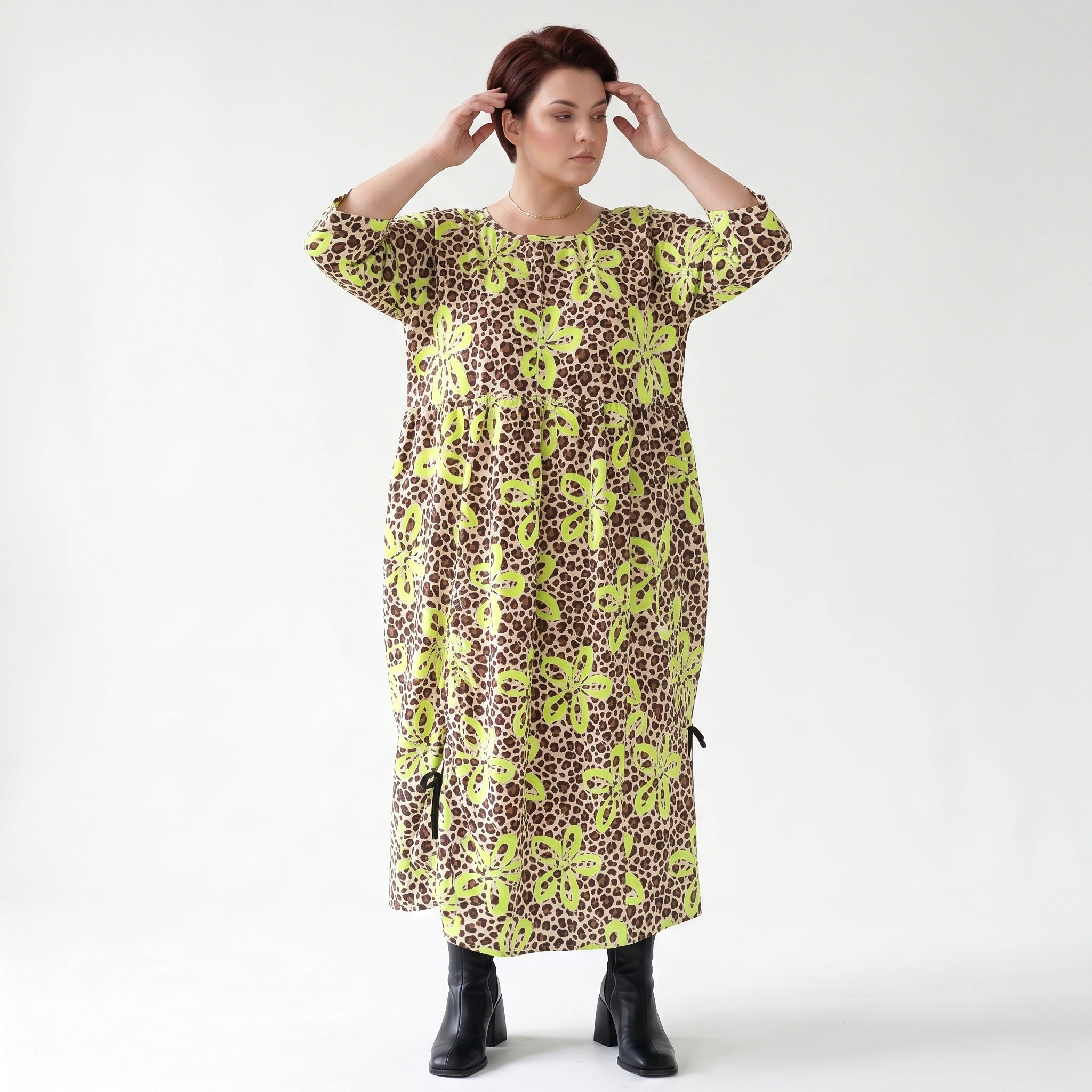 Ballonkleid von AKH Fashion aus Baumwolle, 1514.07122, Beige/Braun/Neongrün, Leopard