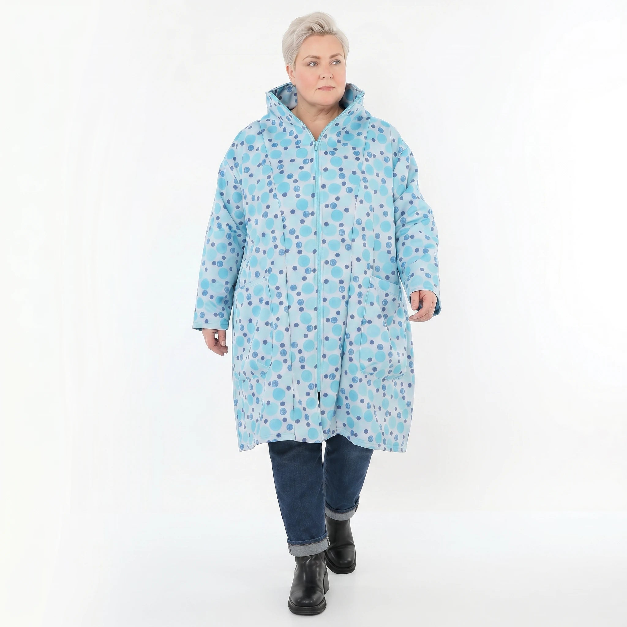 AKH Fashion Mantel in Vokuhila-Form, aus Polyester, 1515.02276, Blau/Multi, Punkte, Schick