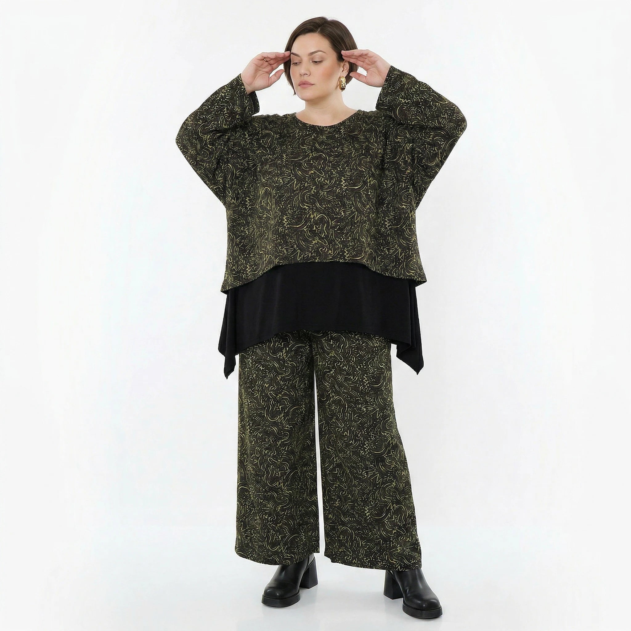 Marlene Hose von AKH Fashion aus Materialmix, 1516.02063, Schwarz/Neongrün/Cognac, Schick