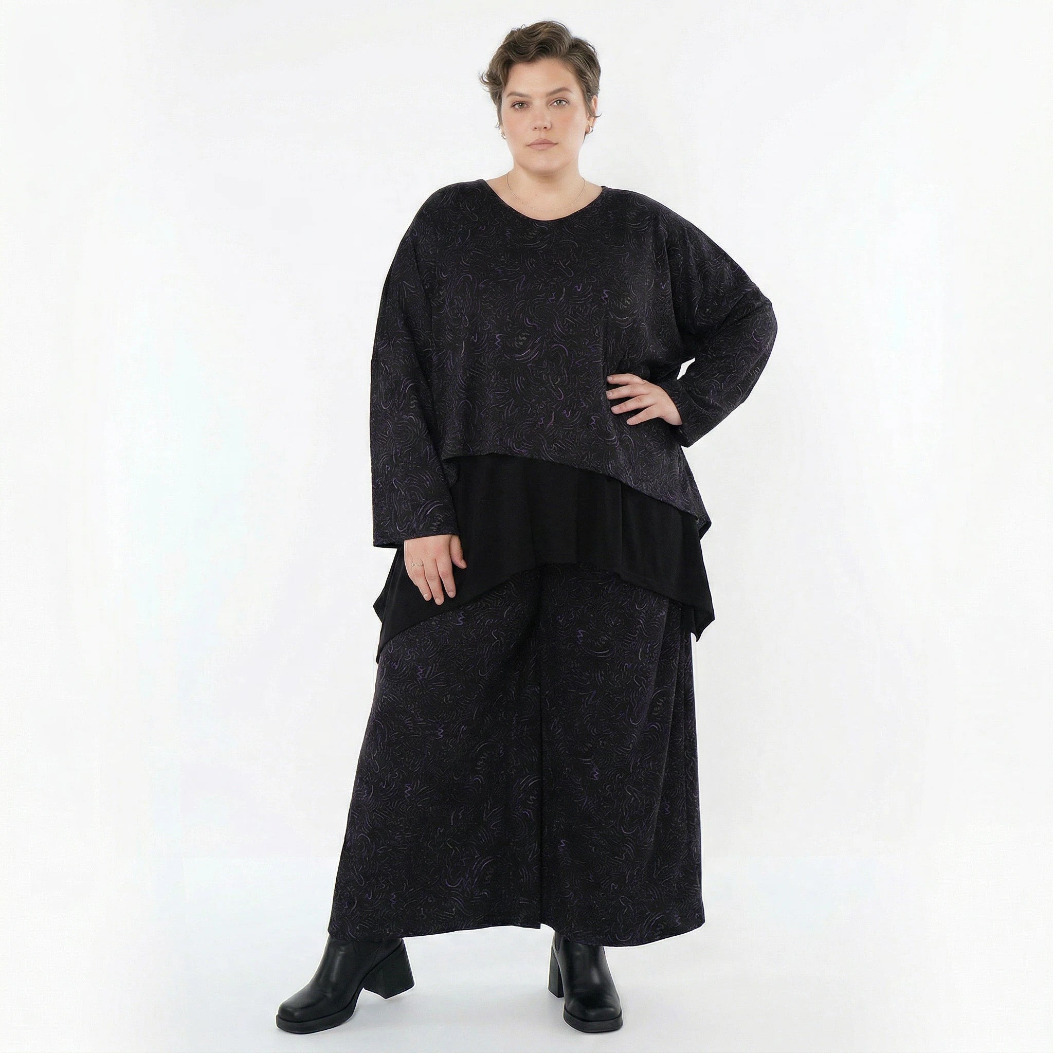 Marlene Hose von AKH Fashion aus Materialmix, 1516.02063, Schwarz/Violett/Grau, Kringel