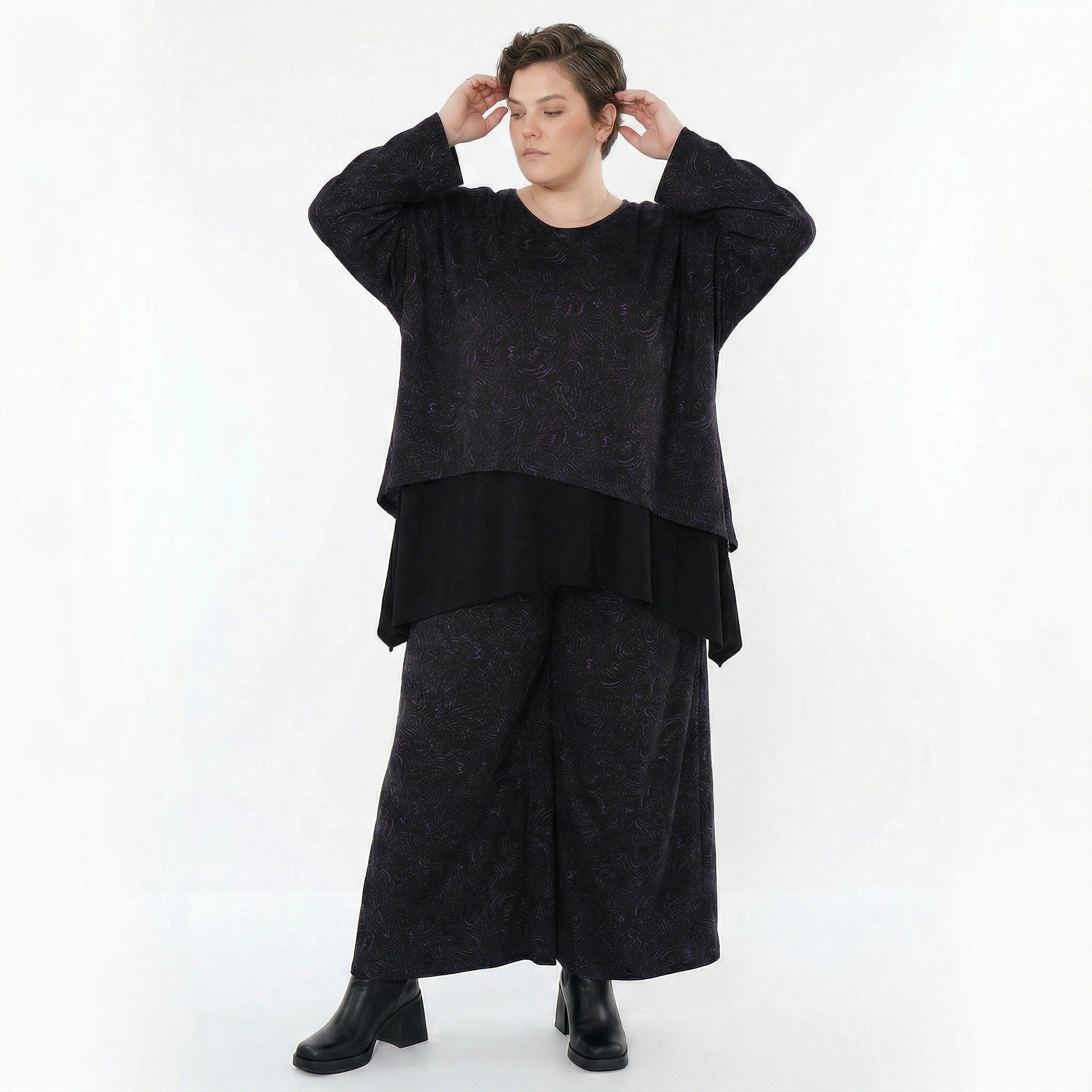 Marlene Hose von AKH Fashion aus Materialmix, 1516.02063, Schwarz/Violett/Grau, Kringel