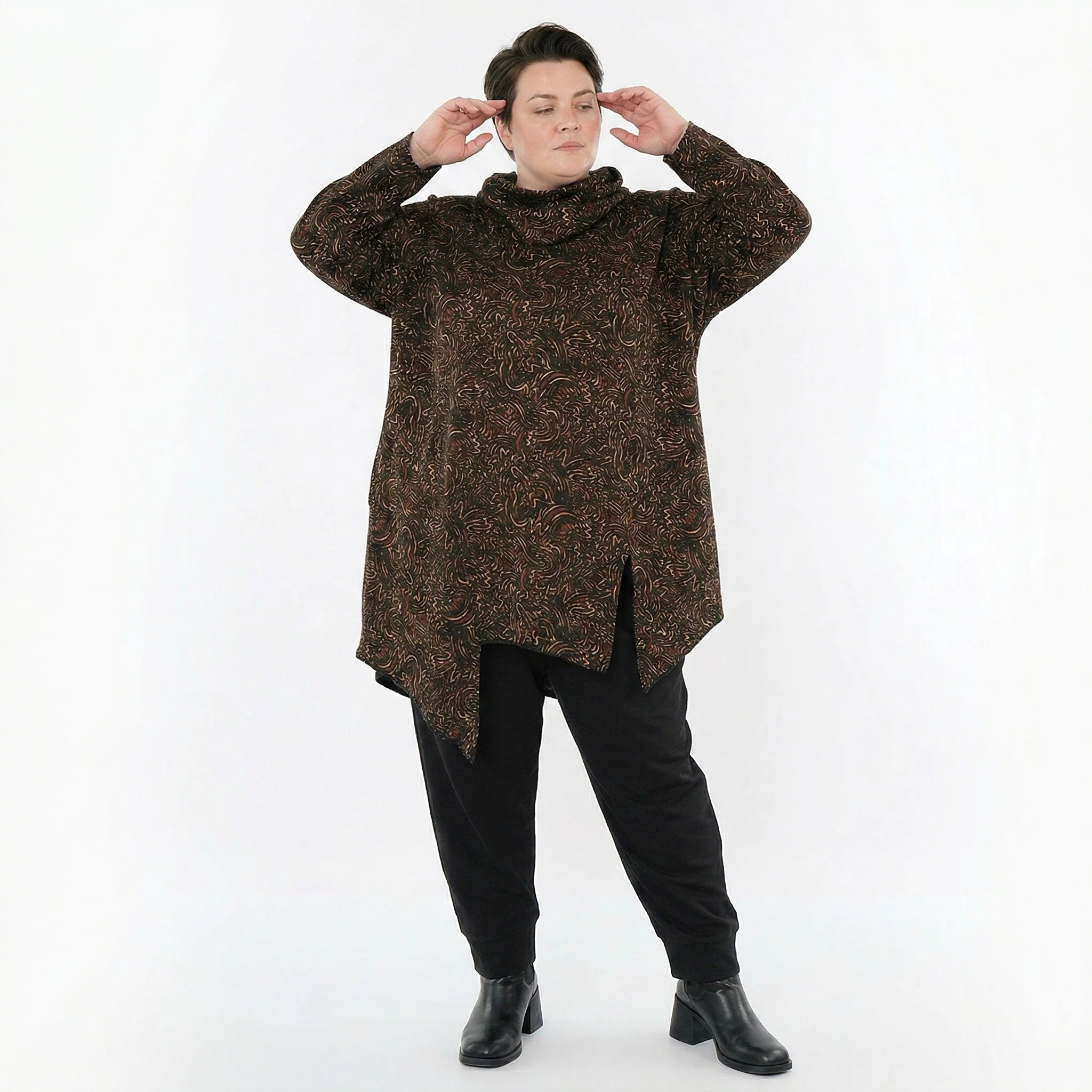 AKH Fashion Bigshirt in asymmetrischer Form, aus Materialmix, 1516.06061, Cognac