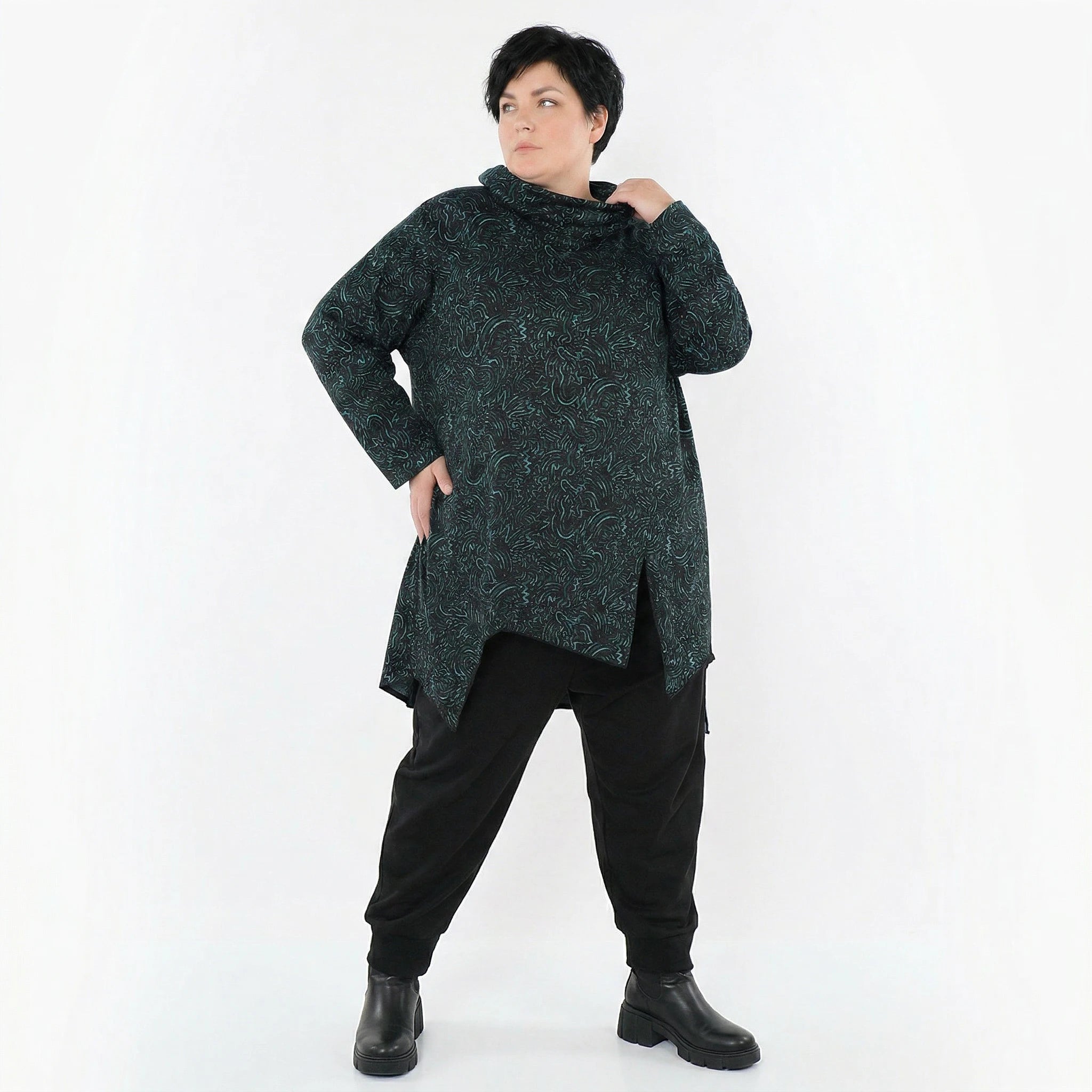 AKH Fashion Bigshirt in asymmetrischer Form, aus Materialmix, 1516.06061, Petrol