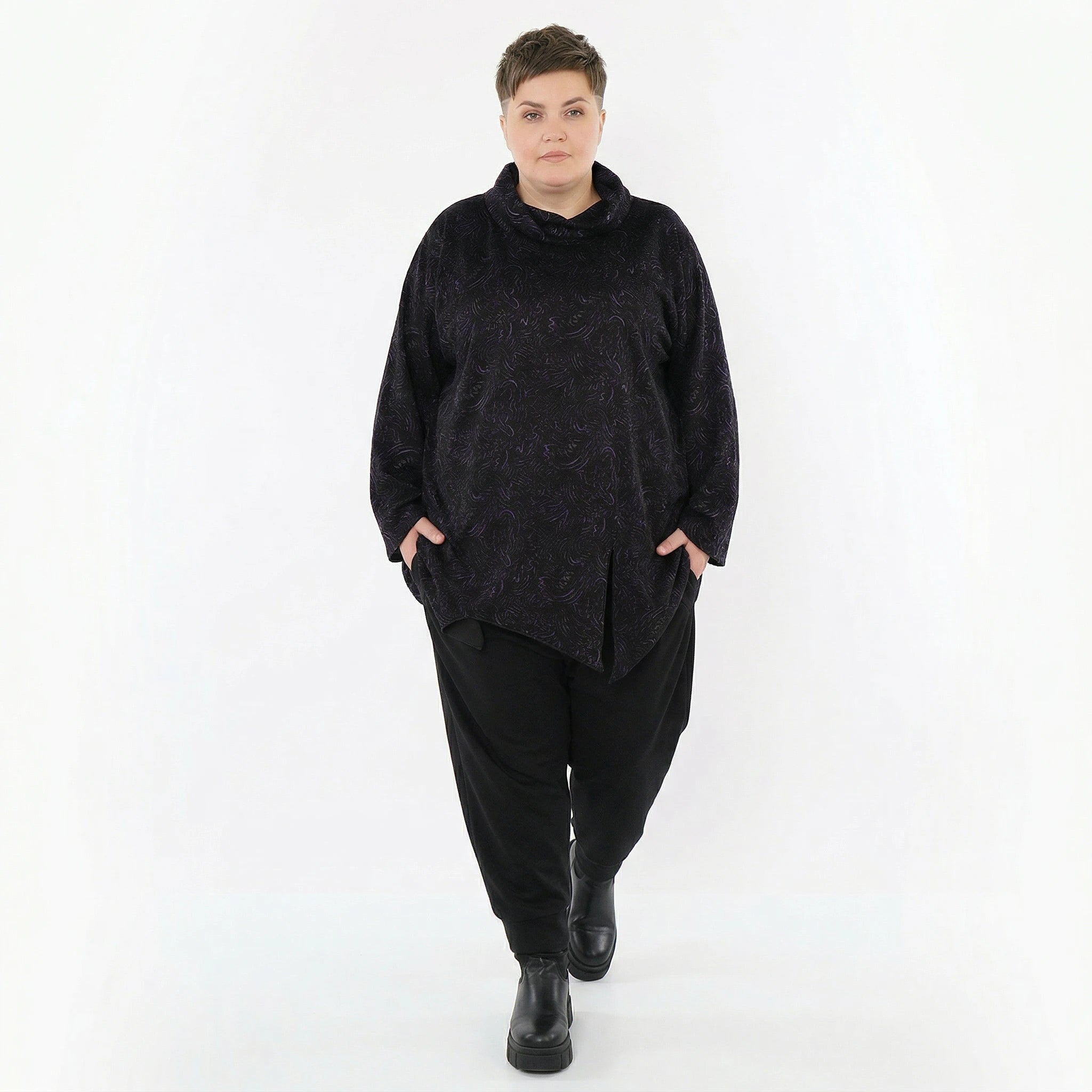 AKH Fashion Bigshirt in asymmetrischer Form, aus Materialmix, 1516.06061, Violett