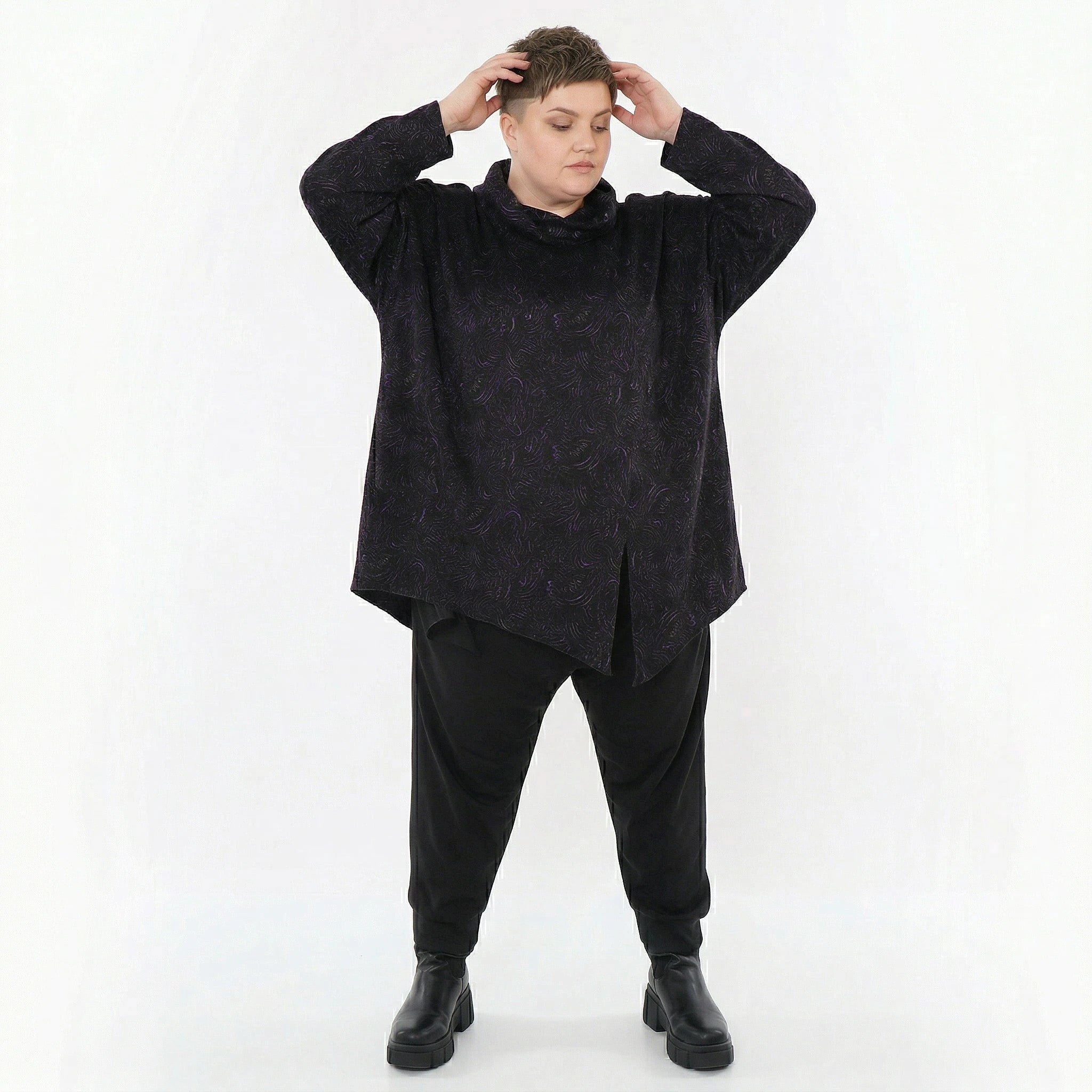 AKH Fashion Bigshirt in asymmetrischer Form, aus Materialmix, 1516.06061, Violett