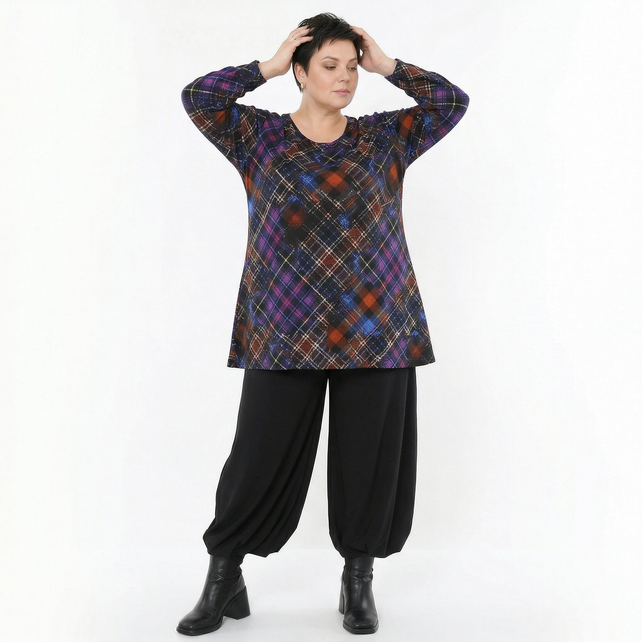 AKH Fashion Bigshirt in Glocken-Form, aus Viskose, 1518.01892, Multicolor/Blau, Kariert, Schick