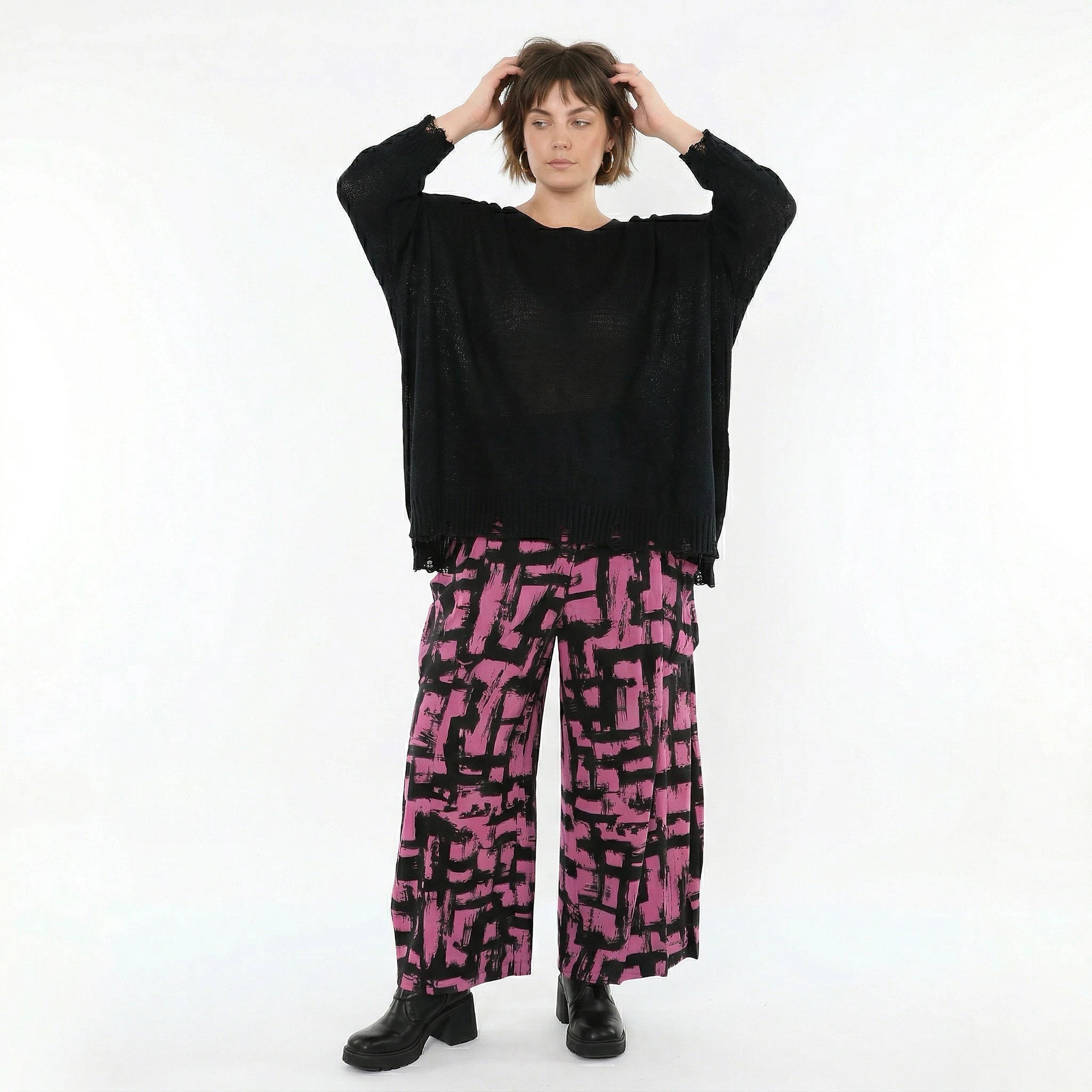 Ballonhose von AKH Fashion aus Viskose, 1519.07007, Fuchsia/Schwarz, Pinselstrich, Schick