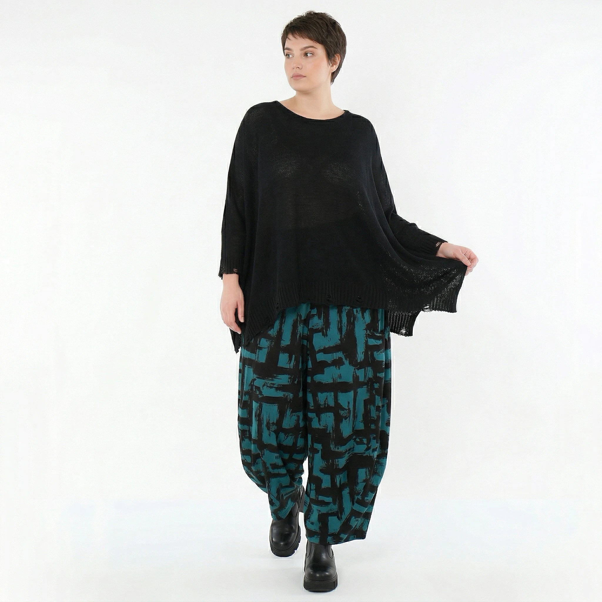 Ballonhose von AKH Fashion aus Viskose, 1519.08069, Petrol/Schwarz, Pinselstrich, Schick