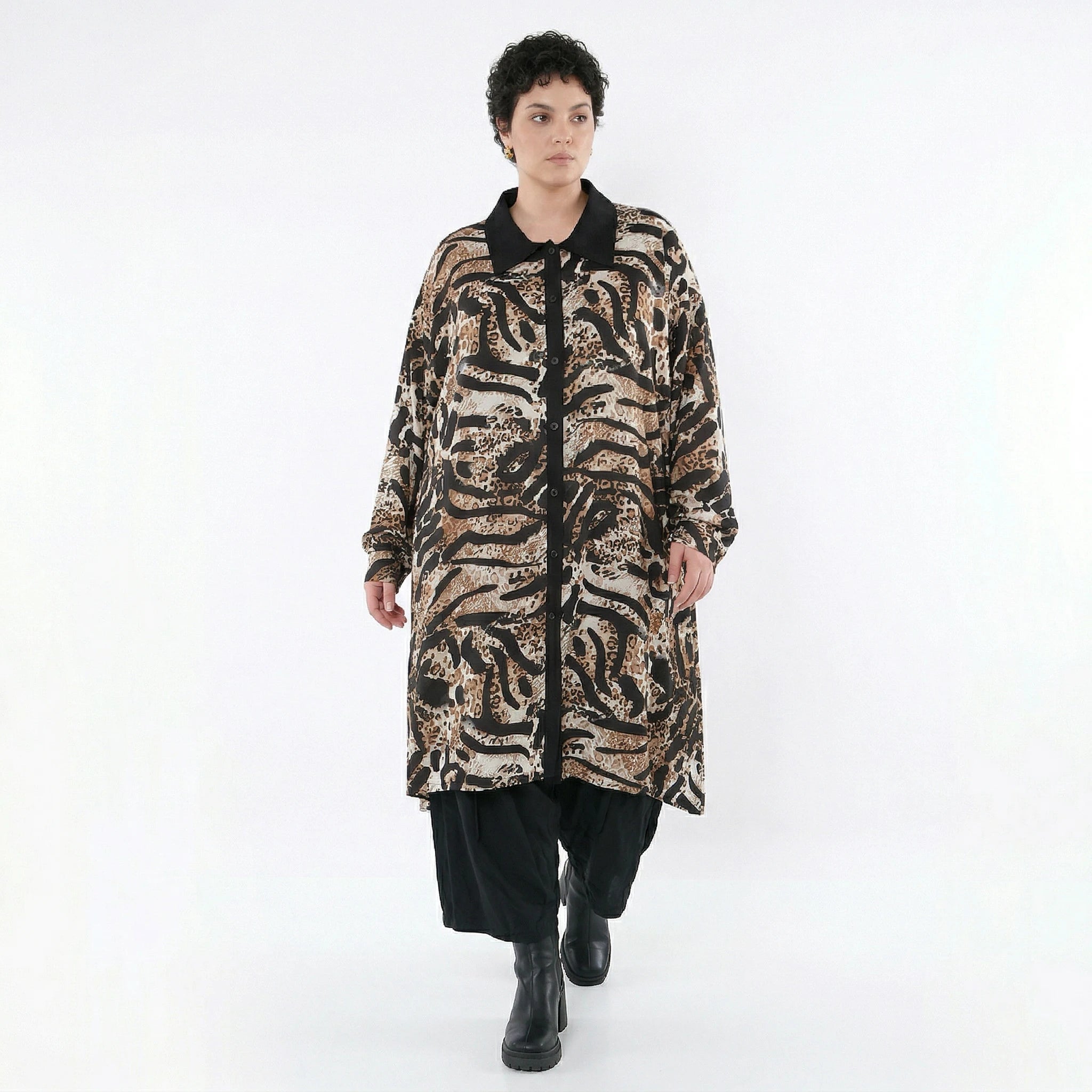 AKH Fashion Longbluse in gerader Form, aus Materialmix, 1521.07131, Schwarz/Cognac/Weiß