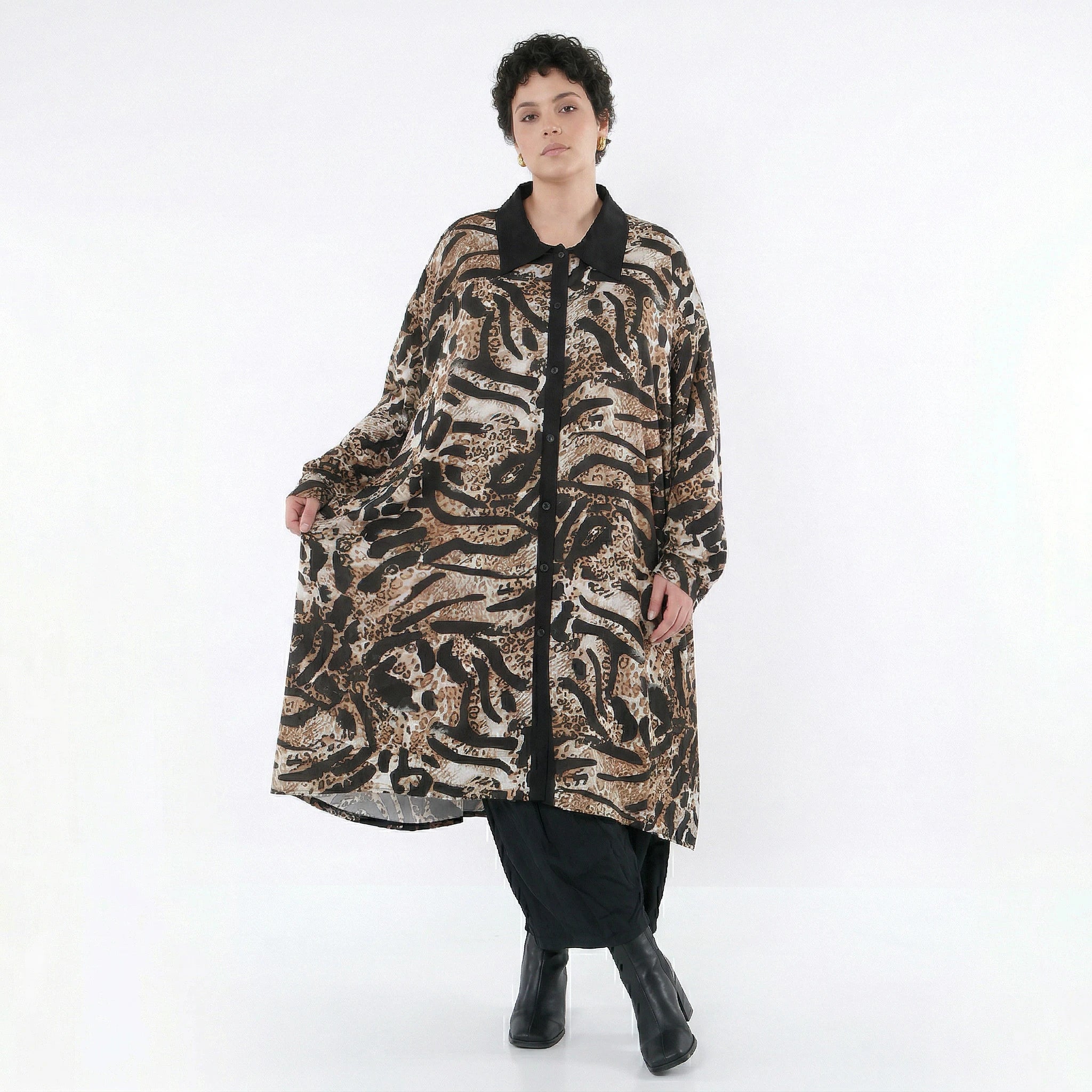 AKH Fashion Longbluse in gerader Form, aus Materialmix, 1521.07131, Schwarz/Cognac/Weiß