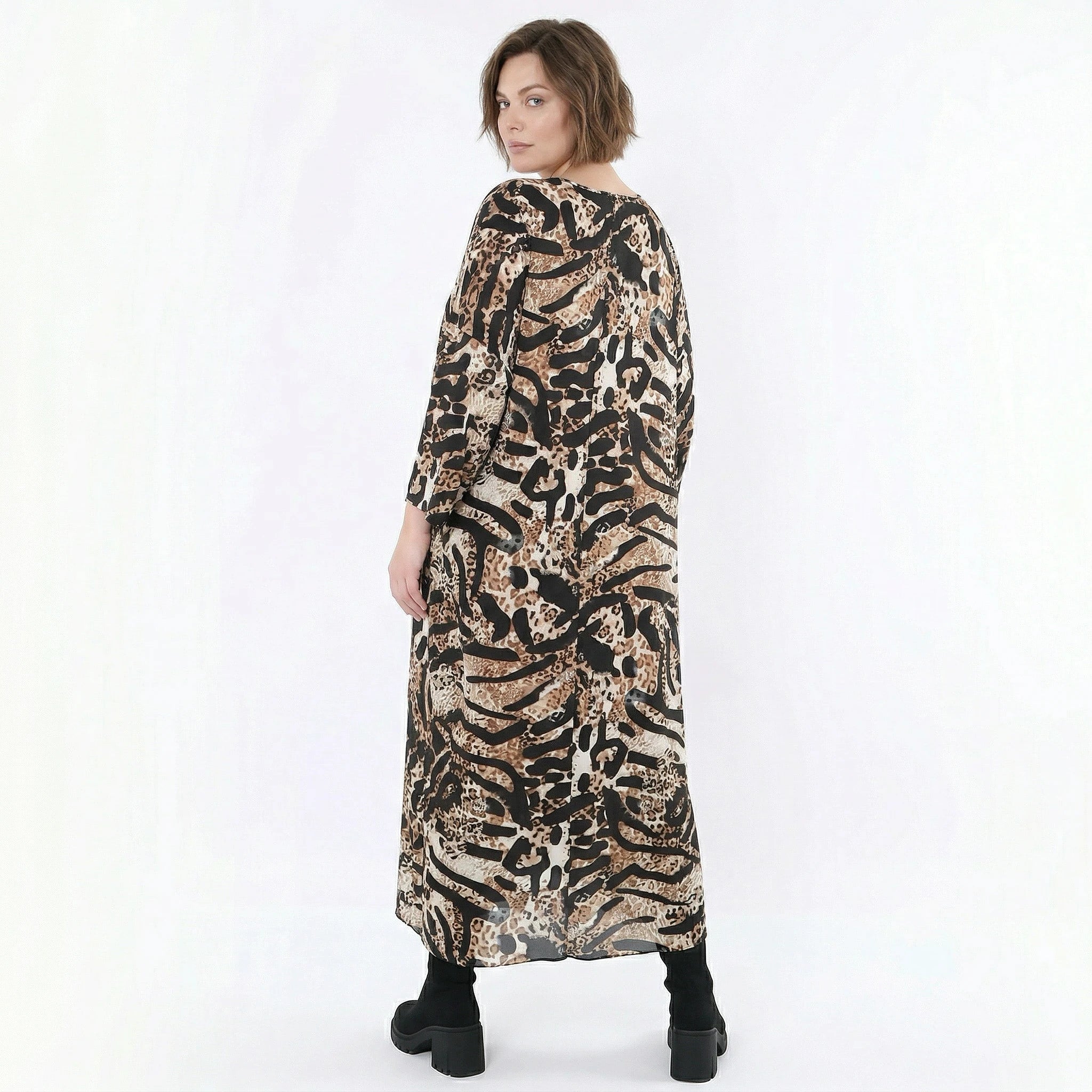 Kleid von AKH Fashion aus Materialmix, 1521.07134, Schwarz/Cognac/Weiß, Leopard, Schick