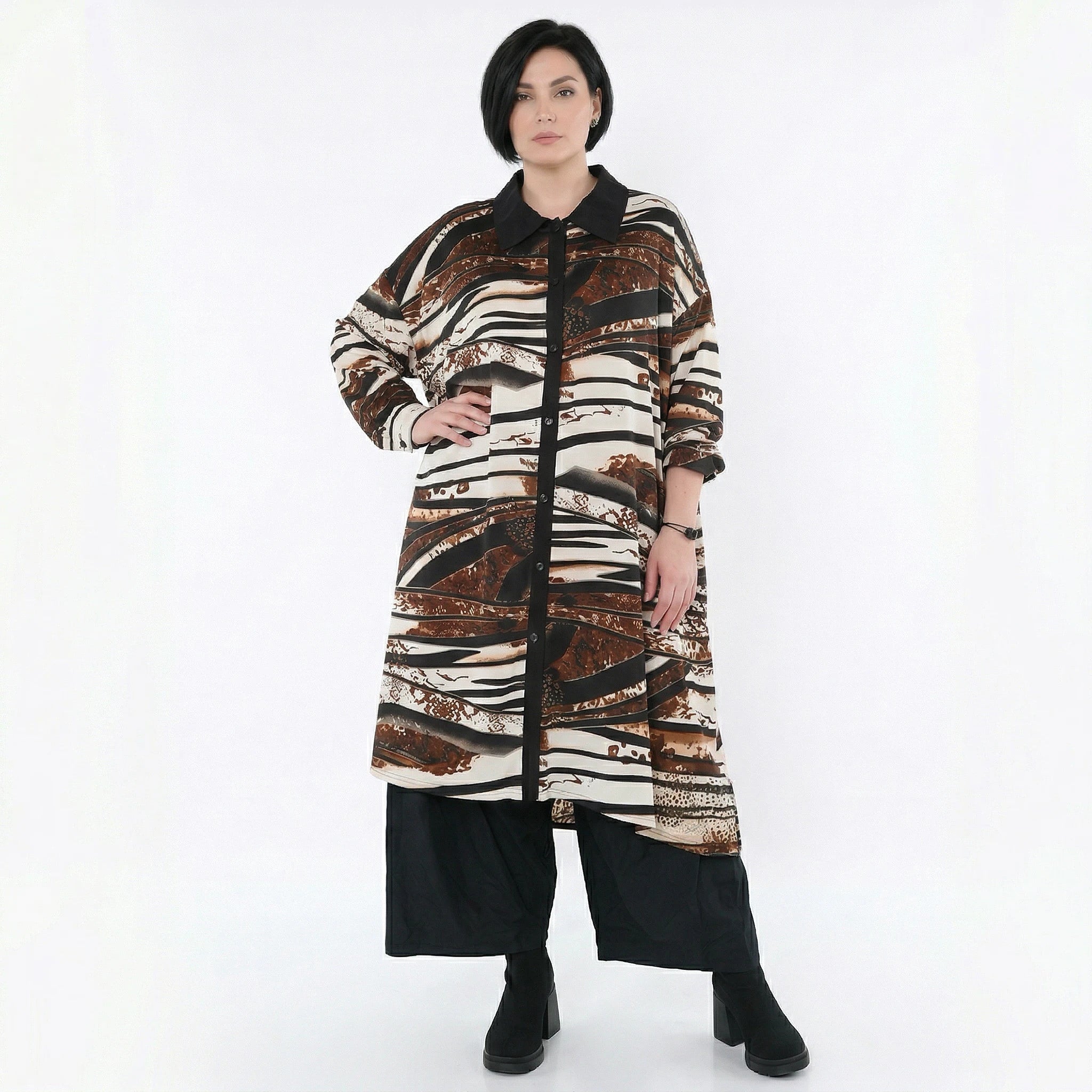 AKH Fashion Bluse in gerader Form, aus Materialmix, 1507131, Schwarz/Braun/Weiß, Reptil