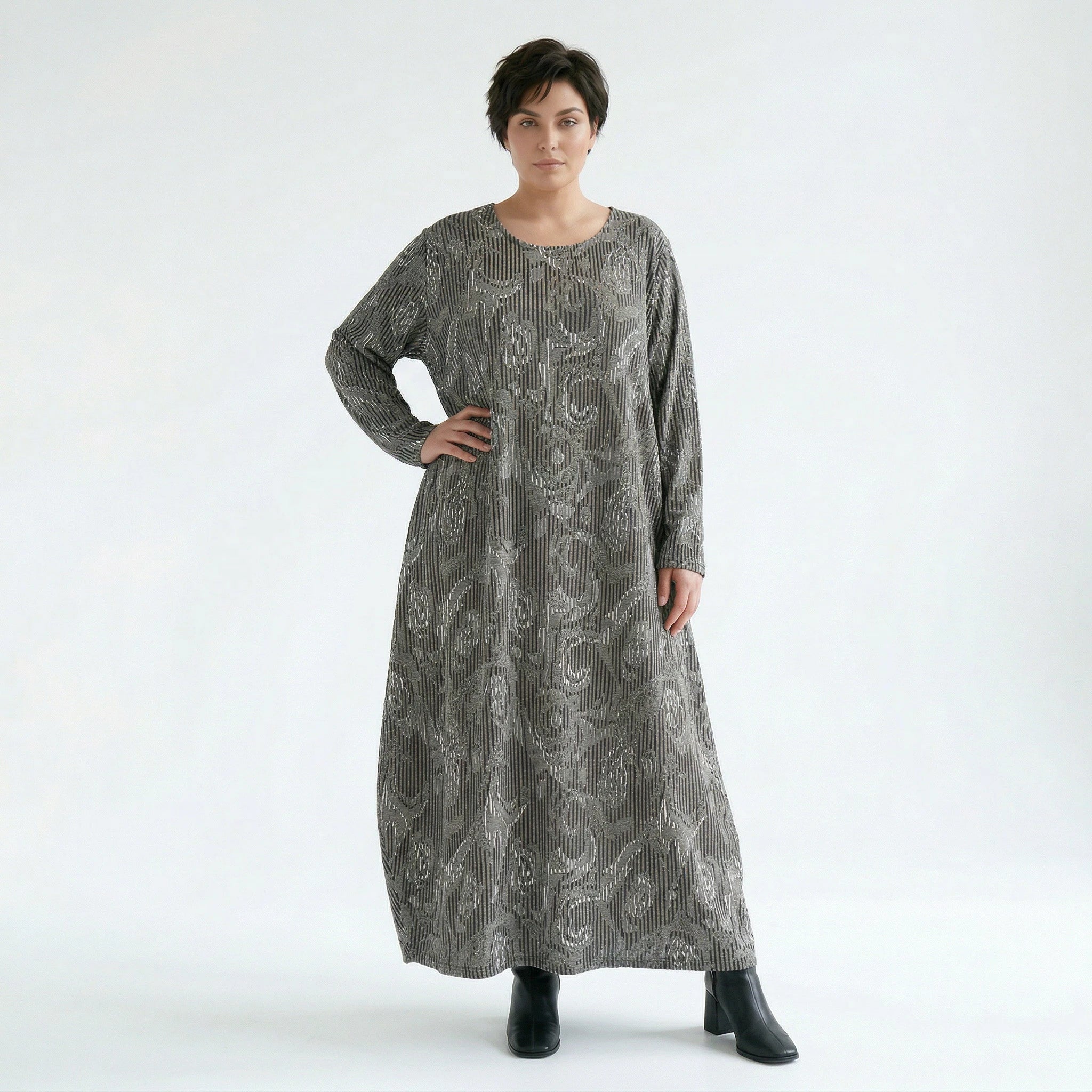 Ballonkleid von AKH Fashion aus Materialmix, 1501926, Grau/Schwarz/Weiß, Vichy-Streifen