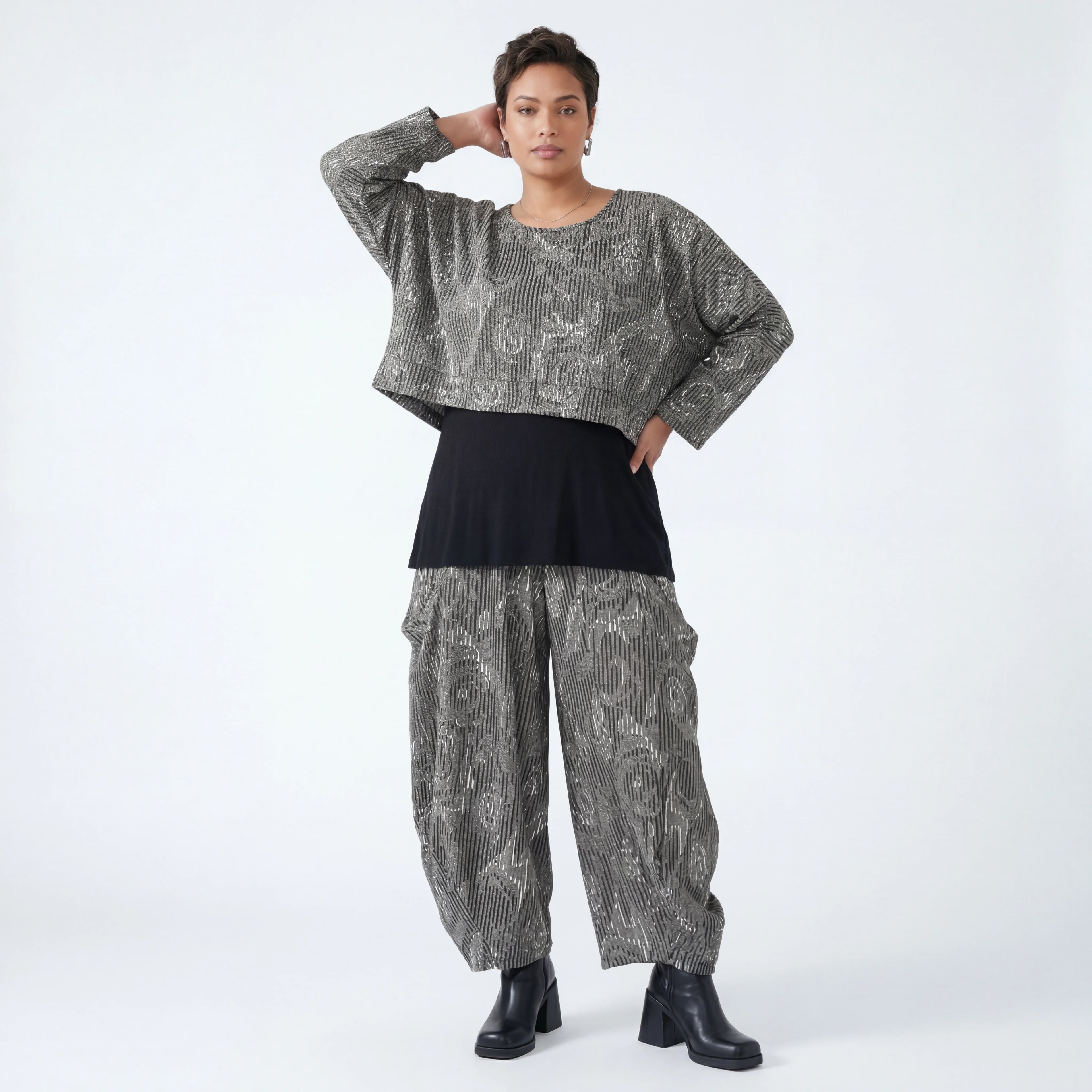 Ballonhose von AKH Fashion aus Materialmix, 1508069, Grau/Schwarz/Weiß, Vichy-Streifen