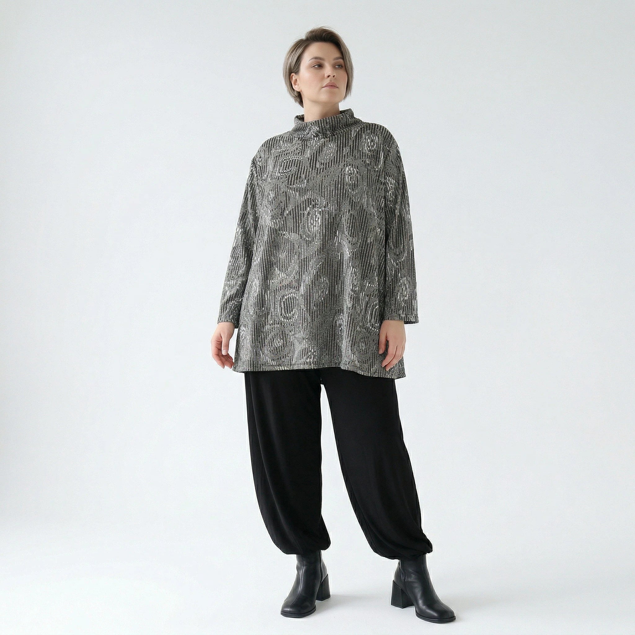 AKH Fashion Shirt in Glocken-Form, aus Materialmix, 151892R, Grau/Schwarz/Weiß, Schick