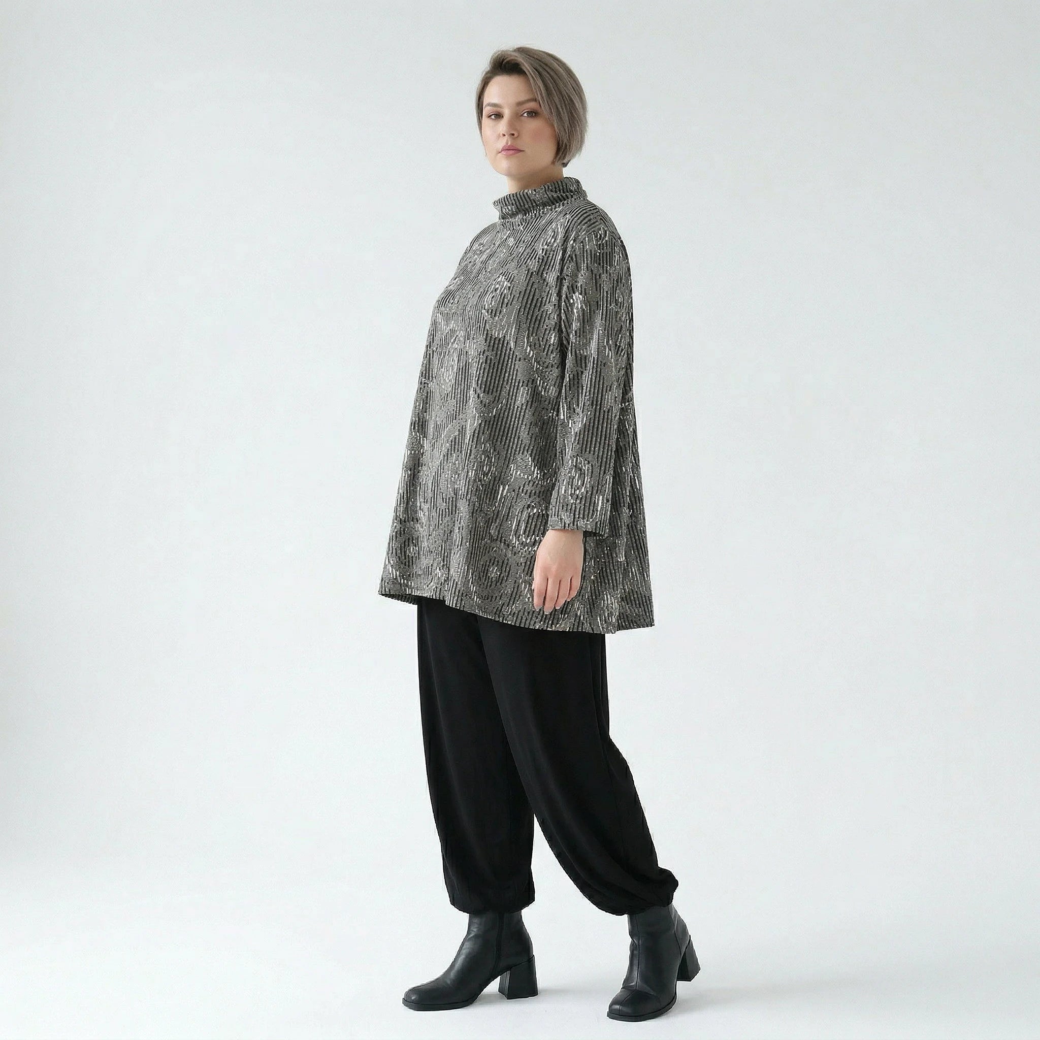 AKH Fashion Shirt in Glocken-Form, aus Materialmix, 151892R, Grau/Schwarz/Weiß, Schick