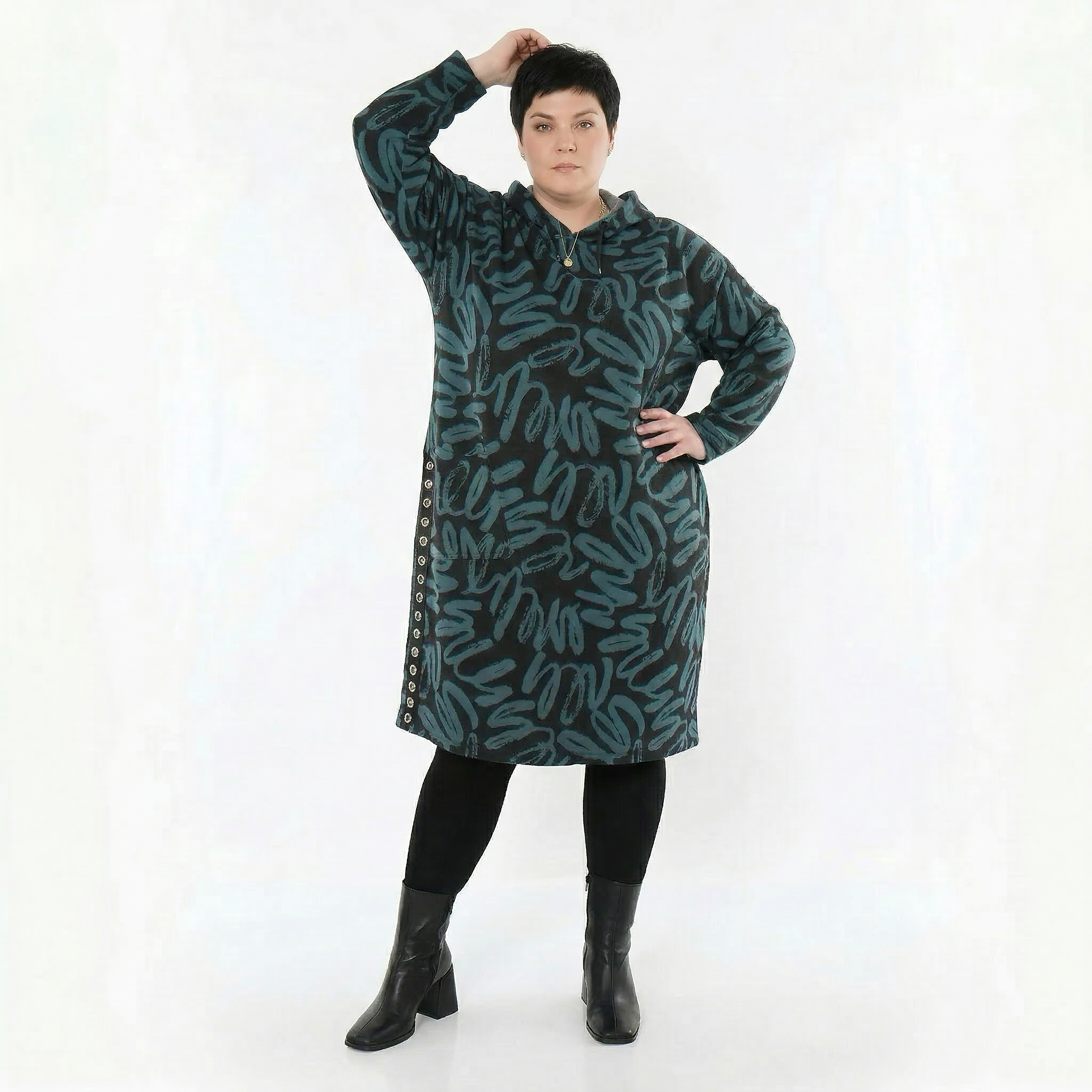 A-Form Kleid von AKH Fashion aus Materialmix, 1529.06989, Schwarz/Petrol, Kringel, Schick