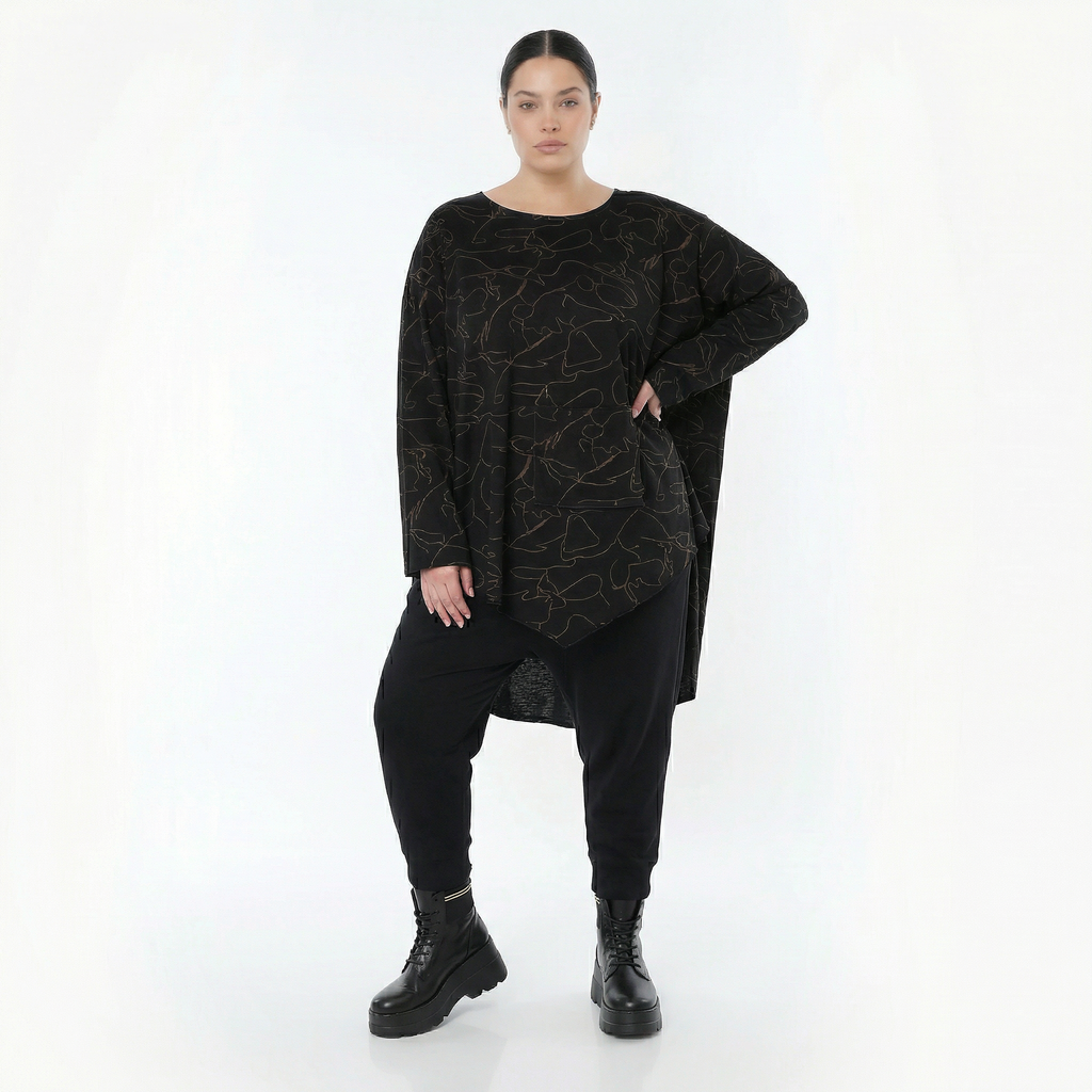  A-Form Bigshirt von AKH Fashion aus Viskose, 1545.07138, Schwarz/Braun, Kringel, Ausgefallen