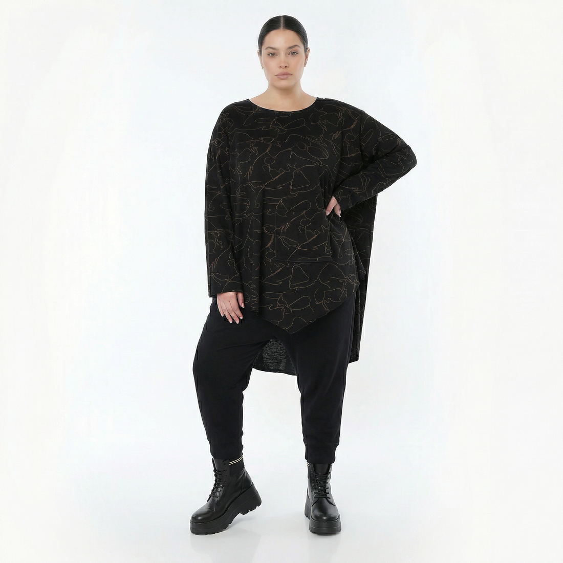  A-Form Bigshirt von AKH Fashion aus Viskose, 1545.07138, Schwarz/Braun, Kringel, Ausgefallen