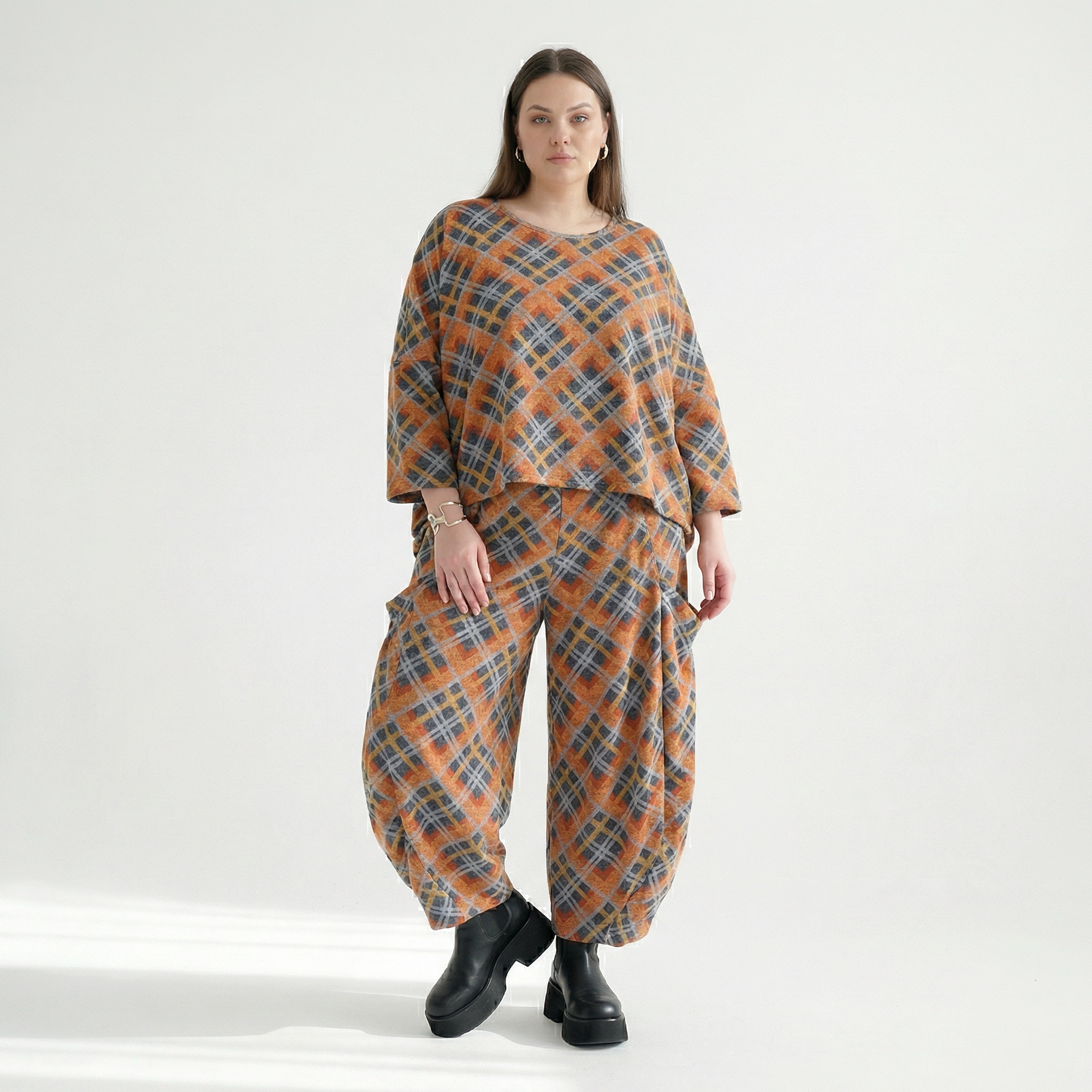  Ballonhose von AKH Fashion aus Materialmix, 1549.08069, Orange/Blau/Grau, Kariert, Schick