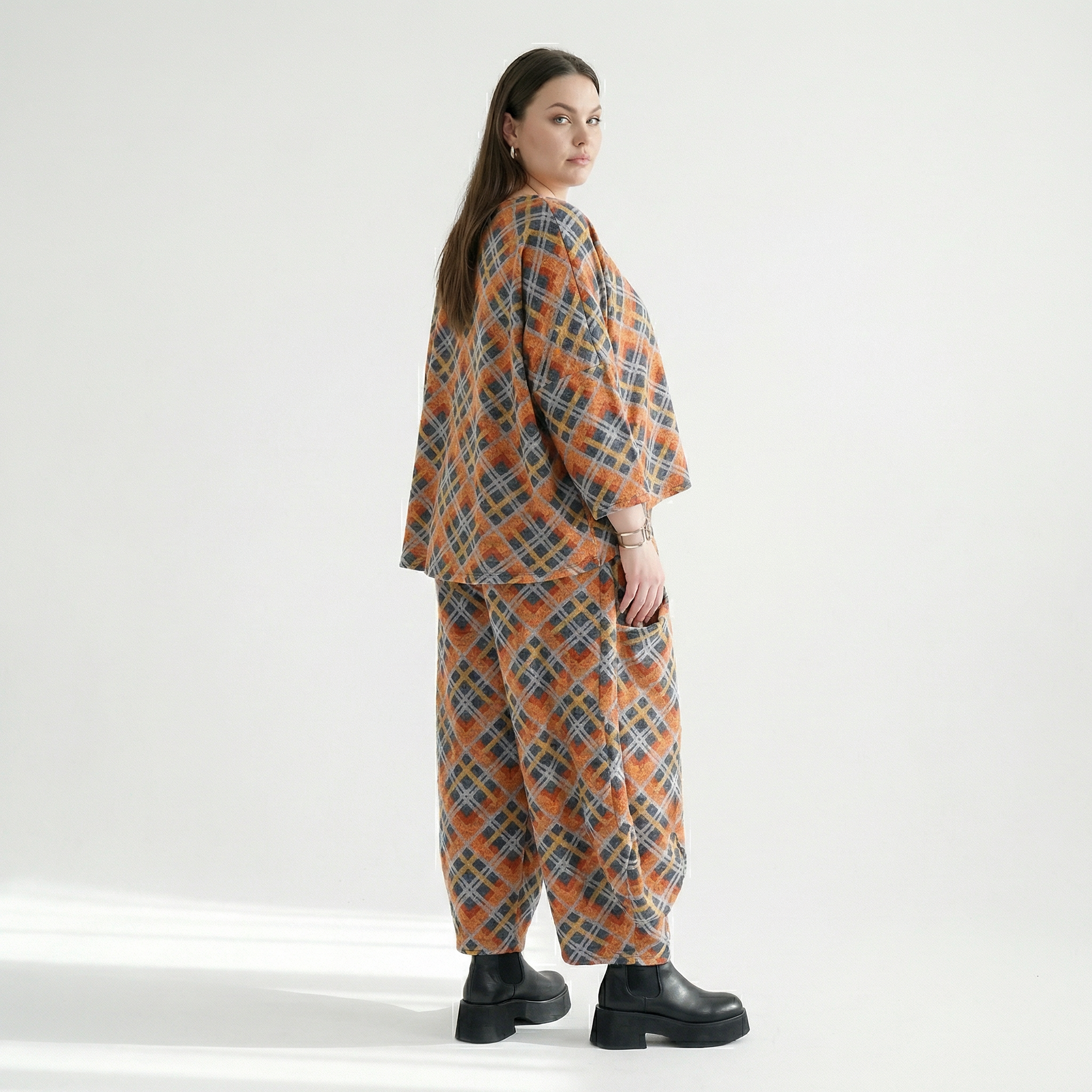  Ballonhose von AKH Fashion aus Materialmix, 1549.08069, Orange/Blau/Grau, Kariert, Schick