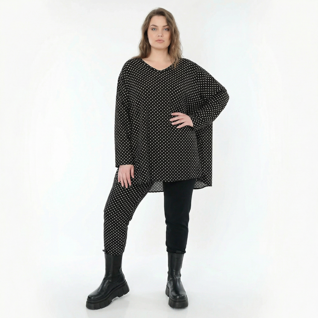  A-Form Bigshirt von AKH Fashion aus Viskose, 1557.00593, Schwarz/Weiß, Punkte, Ausgefallen