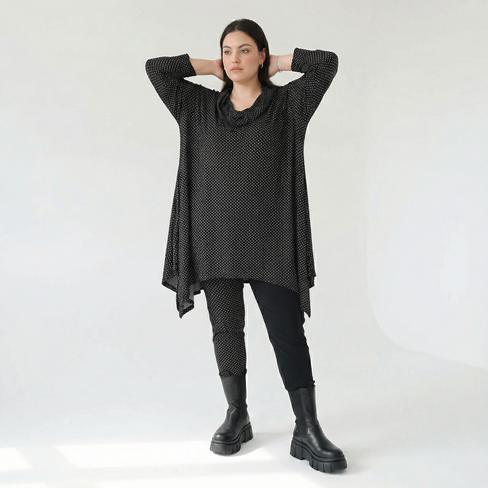  A-Form Bigshirt von AKH Fashion aus Viskose, 1558.03371, Schwarz/Weiß, Punkte, Ausgefallen