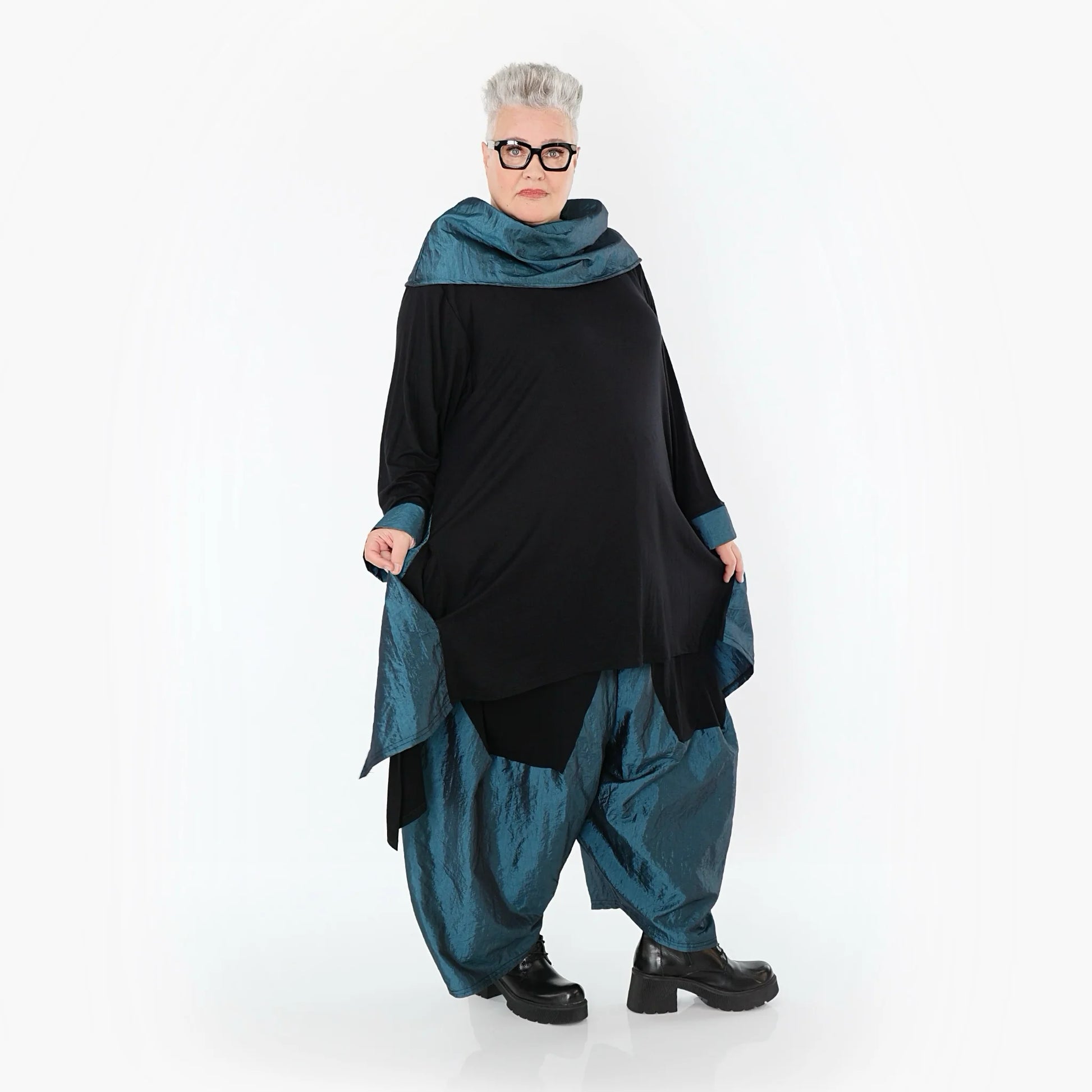  A-Form Shirt von AKH Premium aus Viskose, P102187, Schwarz/Petrol, Ausgefallen, Zeitlos