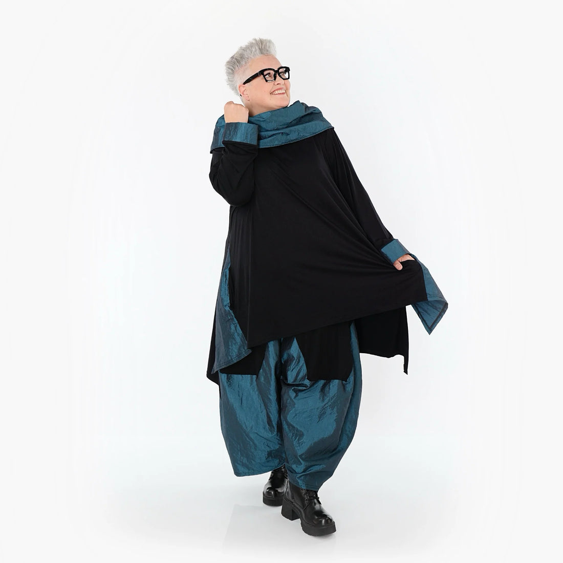  A-Form Shirt von AKH Premium aus Viskose, P102187, Schwarz/Petrol, Ausgefallen, Zeitlos