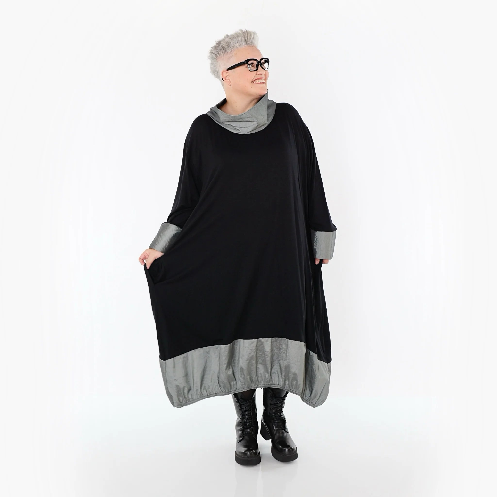 Ballonkleid von AKH Premium aus Viskose, P107156, Schwarz/Grau, Ausgefallen, Zeitlos